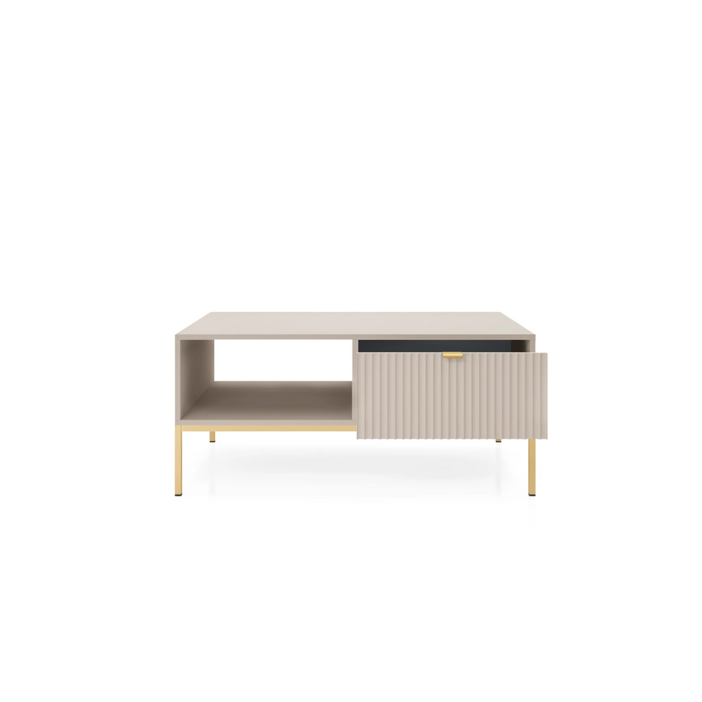 Stolik kawowy LUMI 1S – 104 cm, kaszmir, ryflowany front, złote nóżki