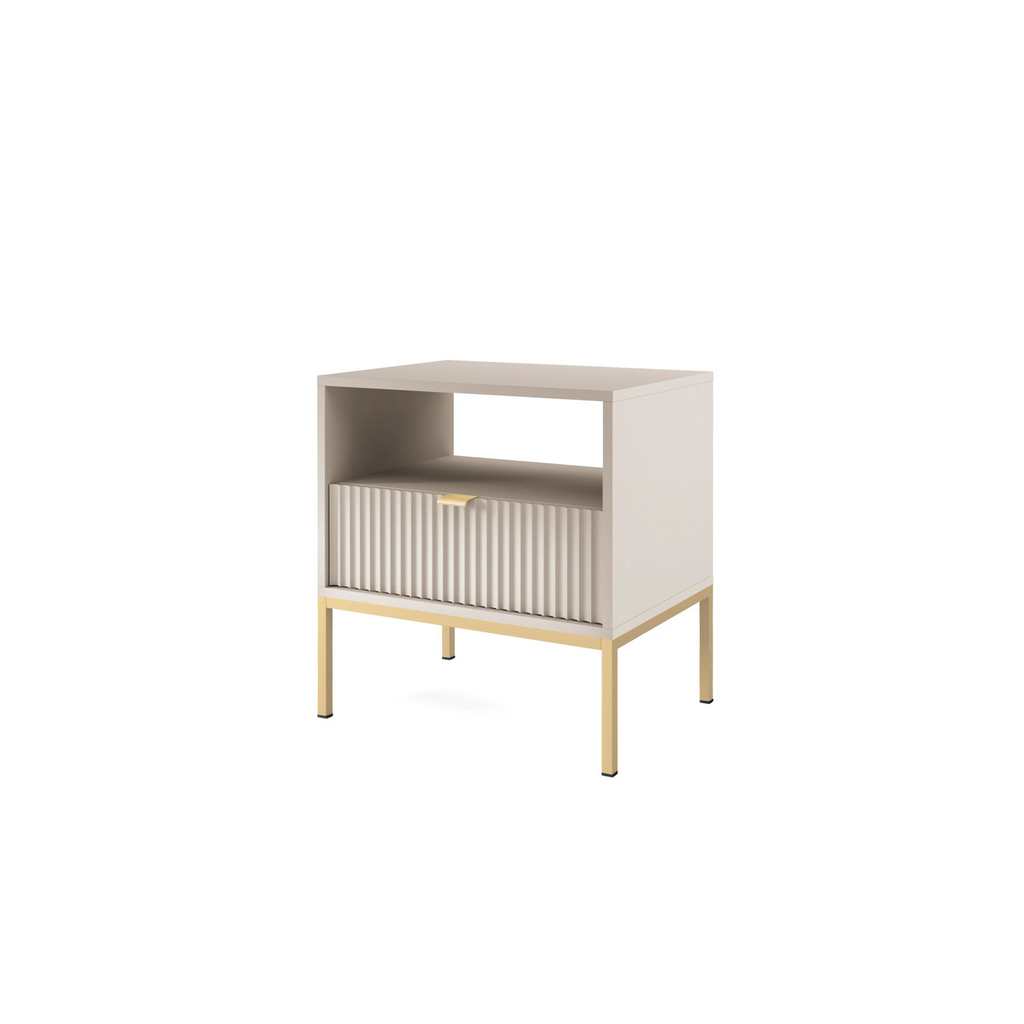 Stolik nocny LUMI 1S – 54 cm, kaszmir, ryflowany front, złote nóżki