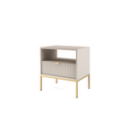 Stolik nocny LUMI 1S – 54 cm, kaszmir, ryflowany front, złote nóżki
