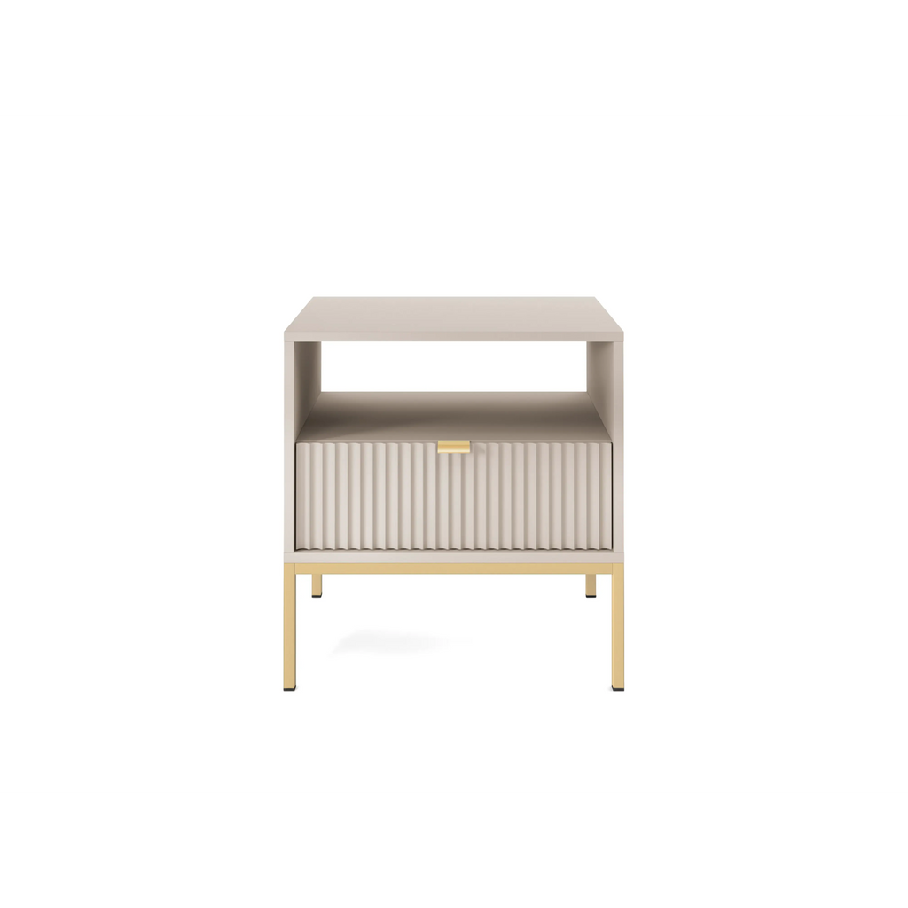 Stolik nocny LUMI 1S – 54 cm, kaszmir, ryflowany front, złote nóżki