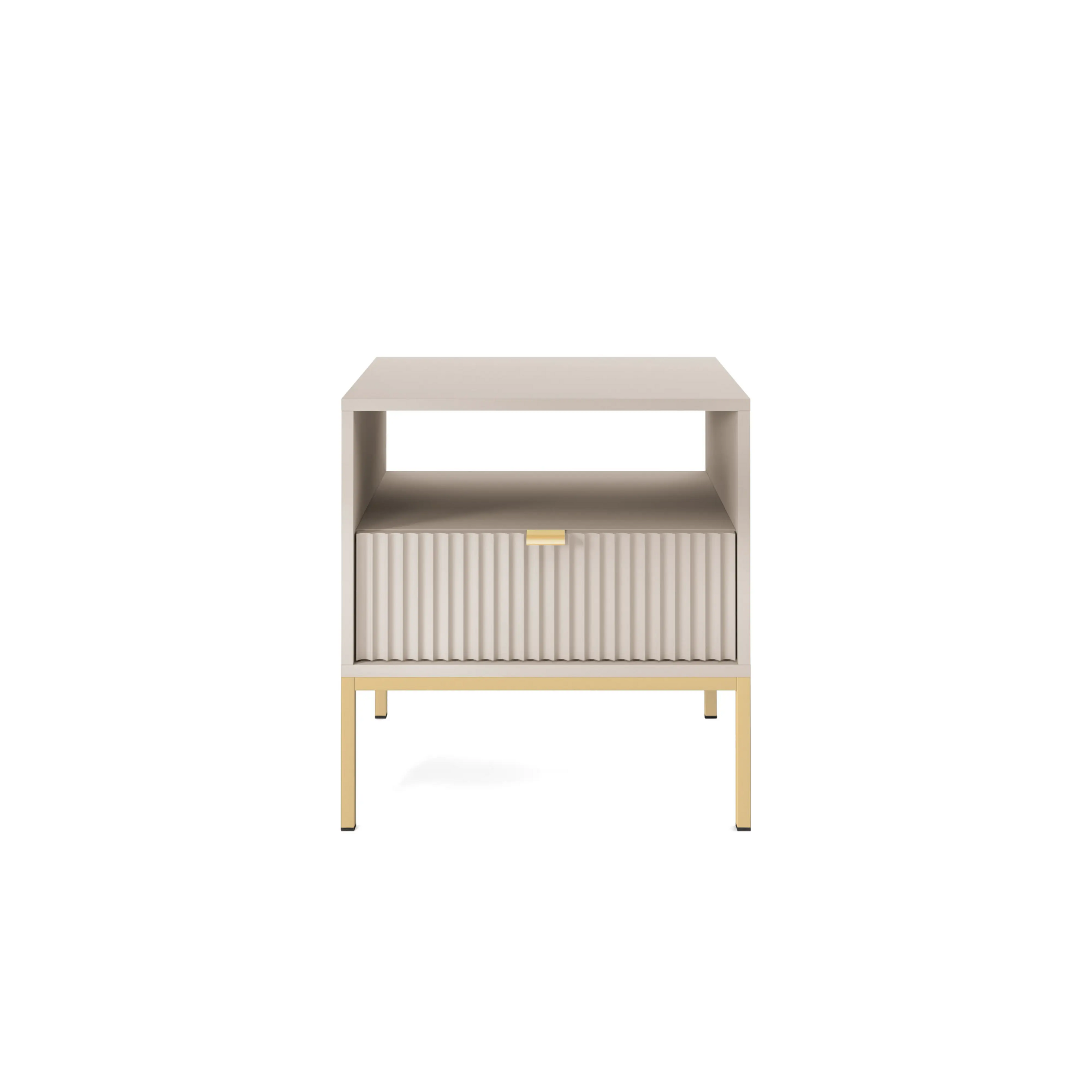 Stolik nocny LUMI 1S – 54 cm, kaszmir, ryflowany front, złote nóżki