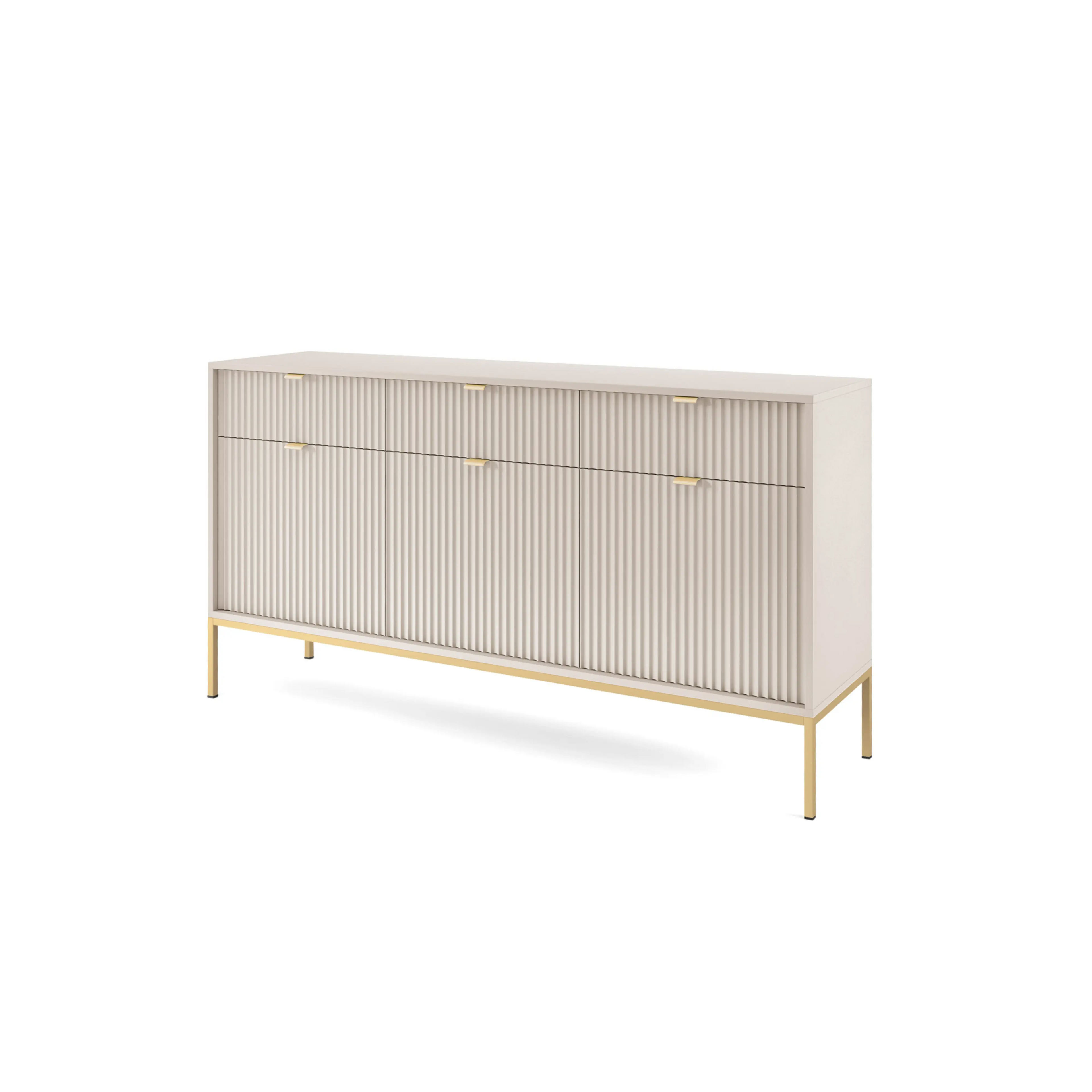 Komoda LUMI 3D – 154 cm, kaszmir, ryflowane fronty, złote nóżki
