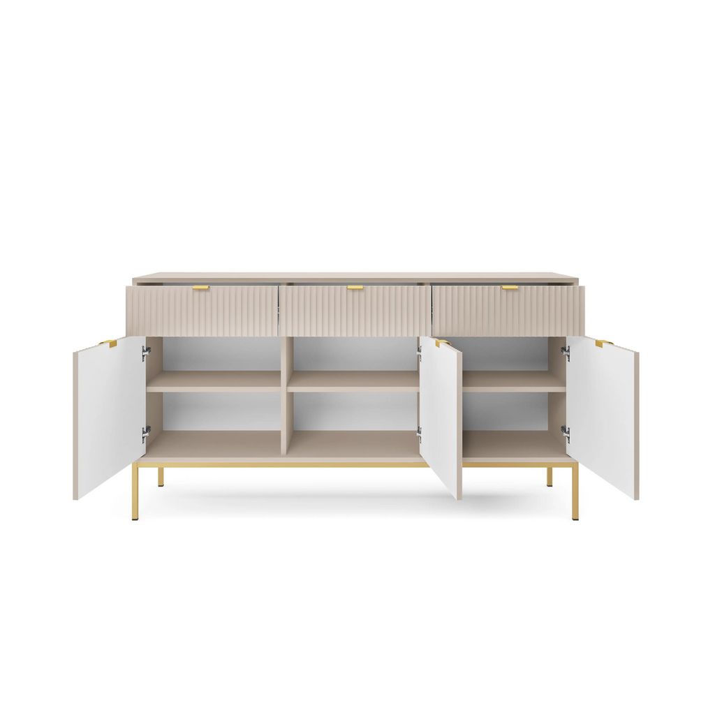 Komoda LUMI 3D – 154 cm, kaszmir, ryflowane fronty, złote nóżki