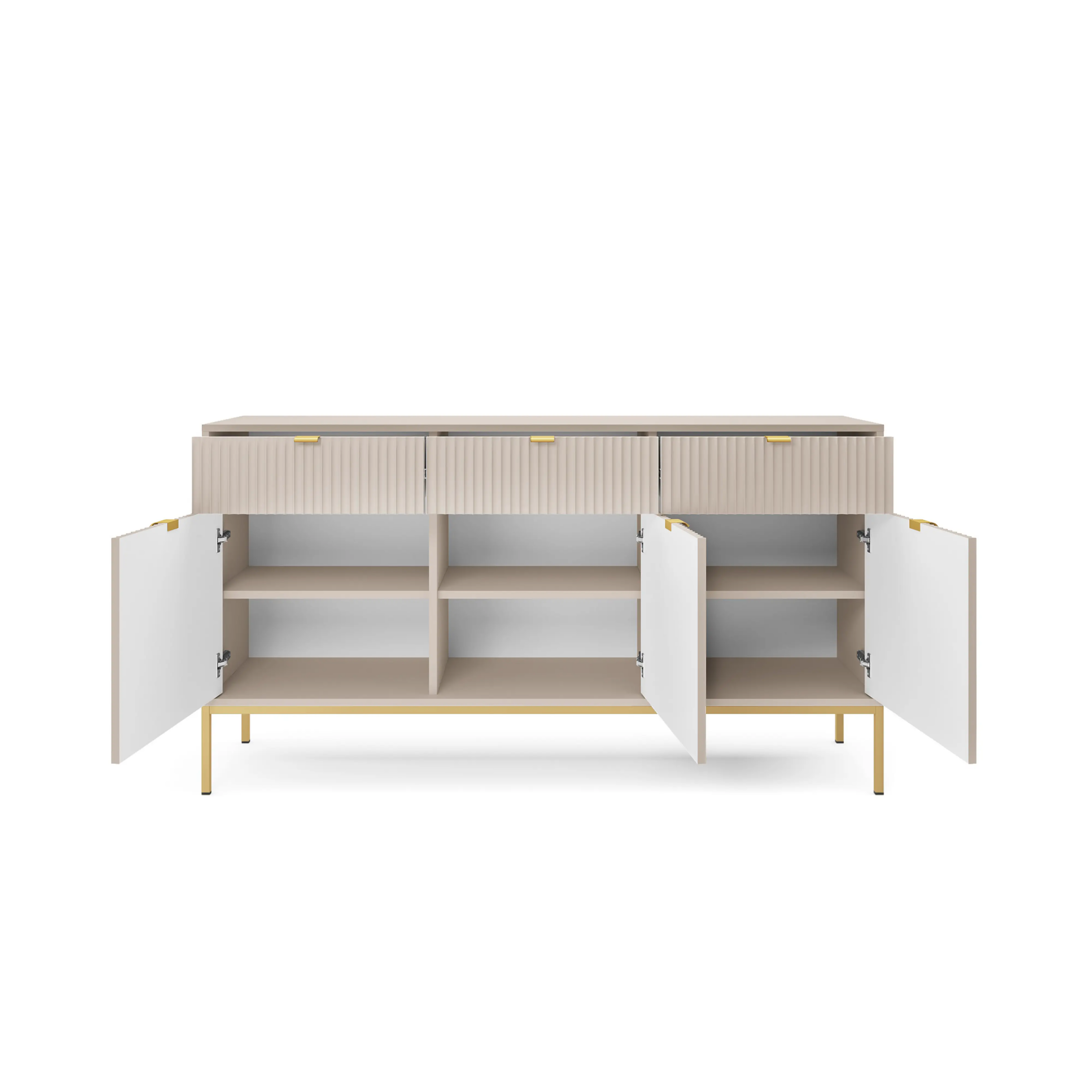 Komoda LUMI 3D – 154 cm, kaszmir, ryflowane fronty, złote nóżki