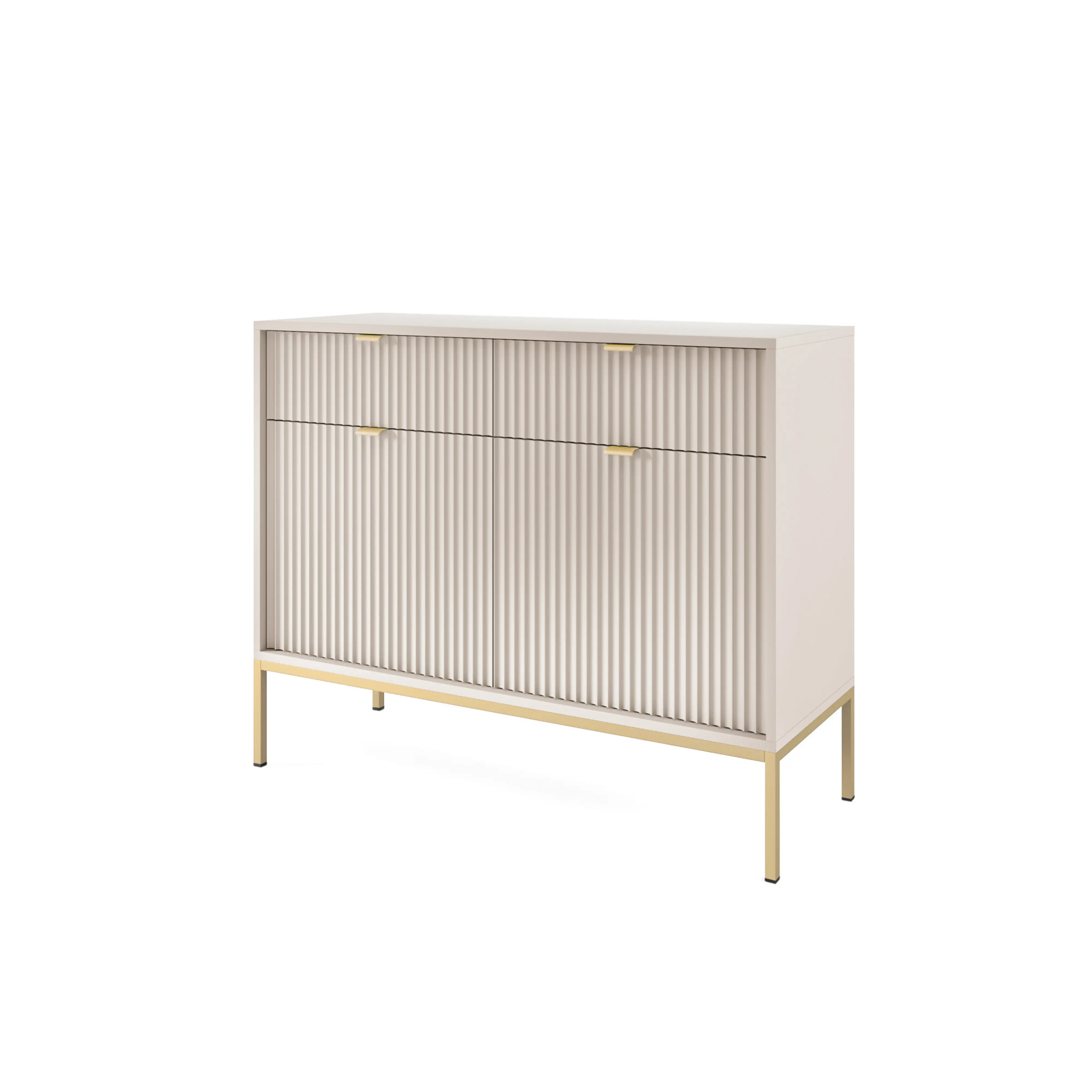 Komoda LUMI 2D2S – 104 cm, kaszmir, ryflowane fronty, złote nóżki