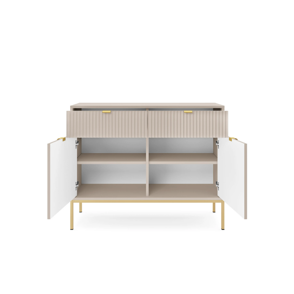 Komoda LUMI 2D2S – 104 cm, kaszmir, ryflowane fronty, złote nóżki