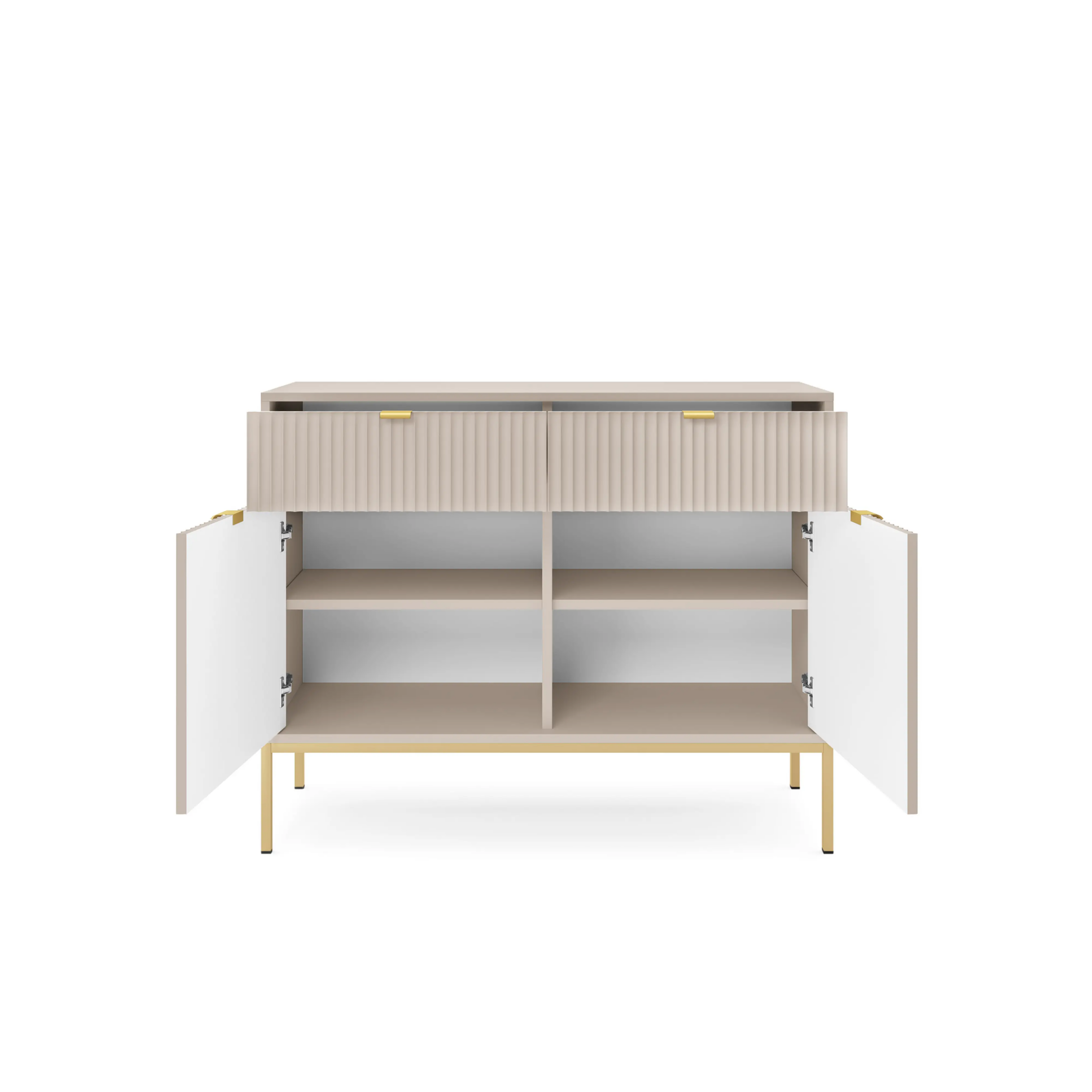 Komoda LUMI 2D2S – 104 cm, kaszmir, ryflowane fronty, złote nóżki