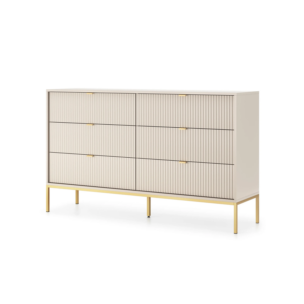 Komoda LUMI 6S – 154 cm, kaszmir, ryflowane fronty, złote nóżki