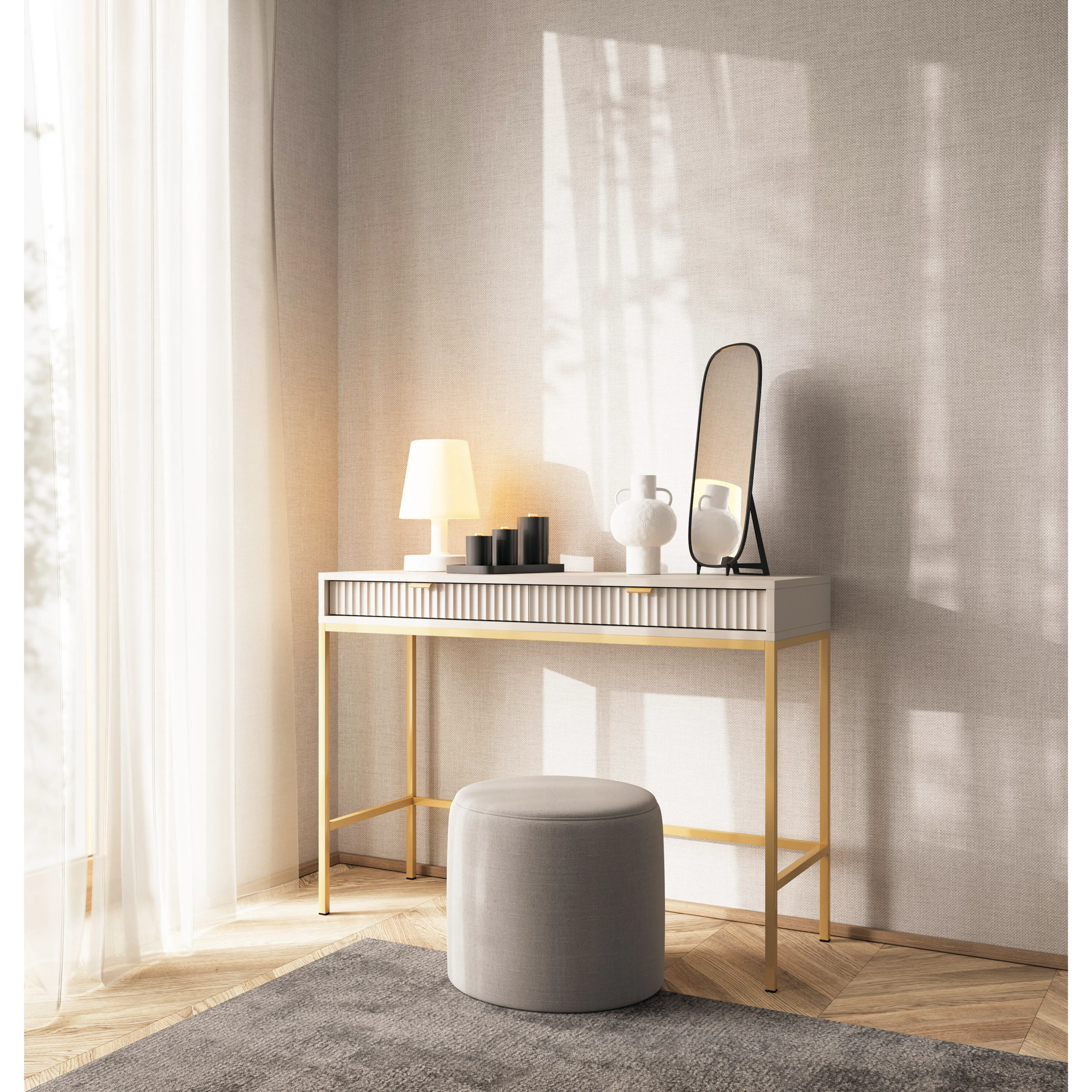 Toaletka LUMI 2S – 104 cm, kaszmir, ryflowane fronty, złote nóżki