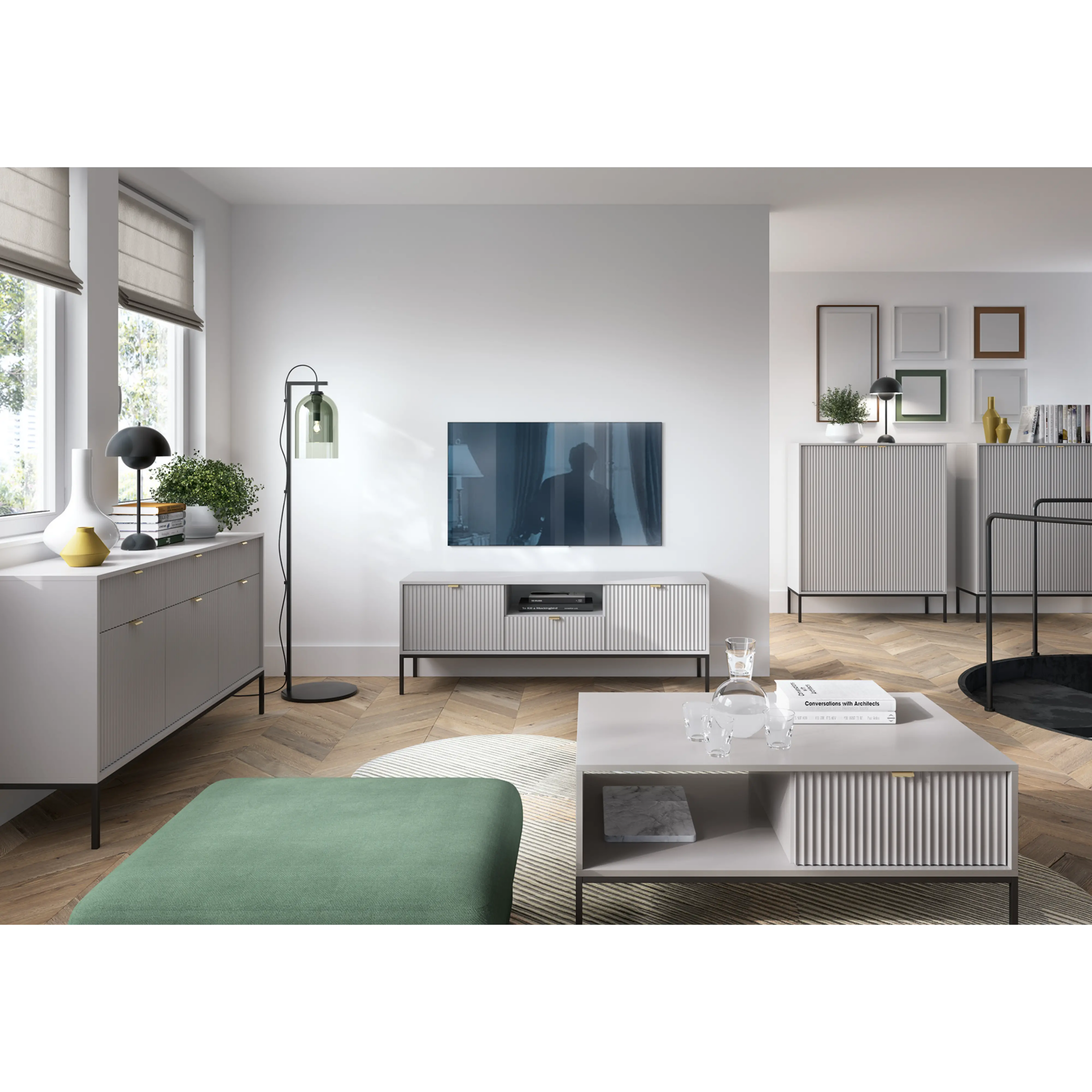 Szafka RTV LUMI 154 cm – szara, ryflowane fronty, czarne nóżki