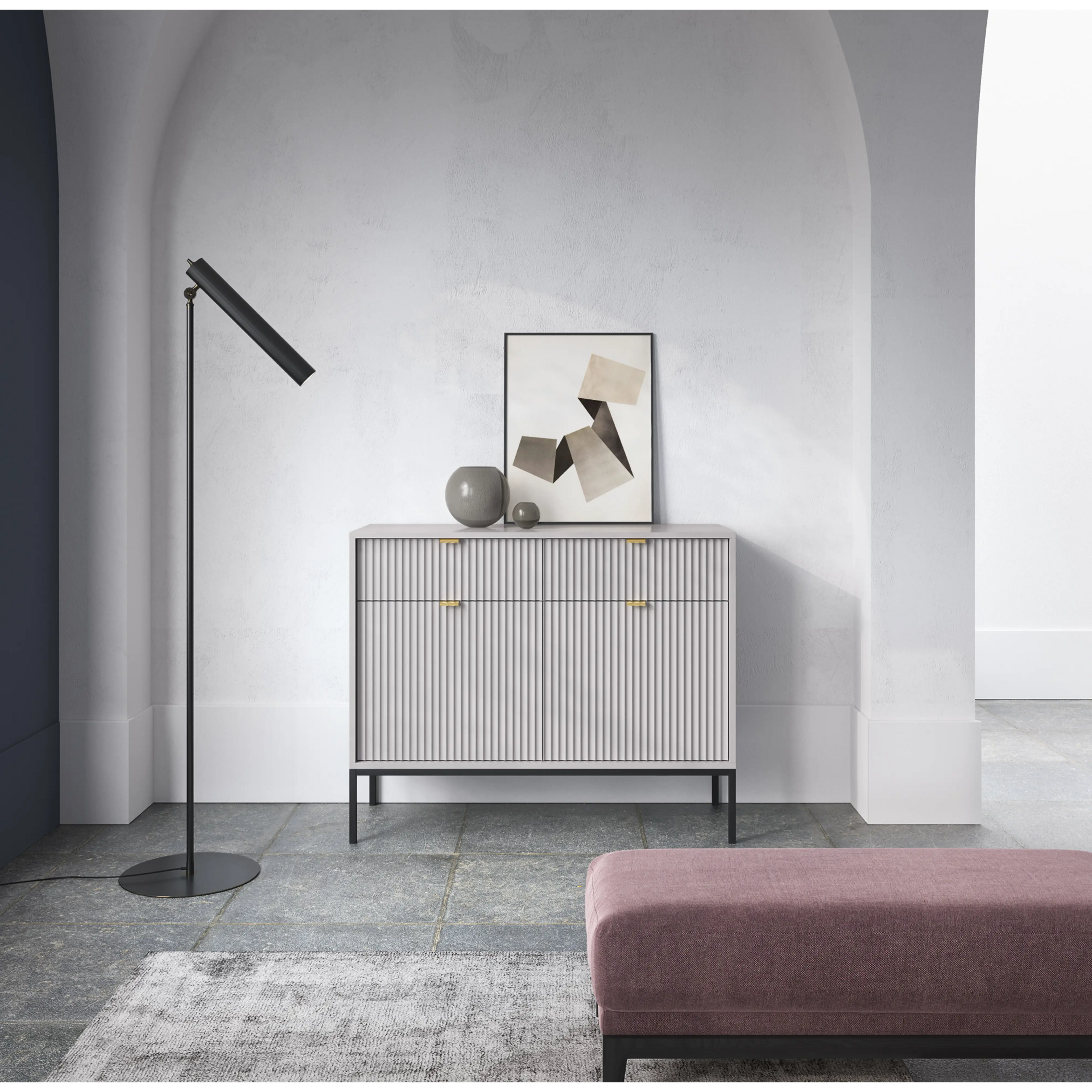 Komoda LUMI 2D2S – 104 cm, szara, ryflowane fronty, czarne nóżki