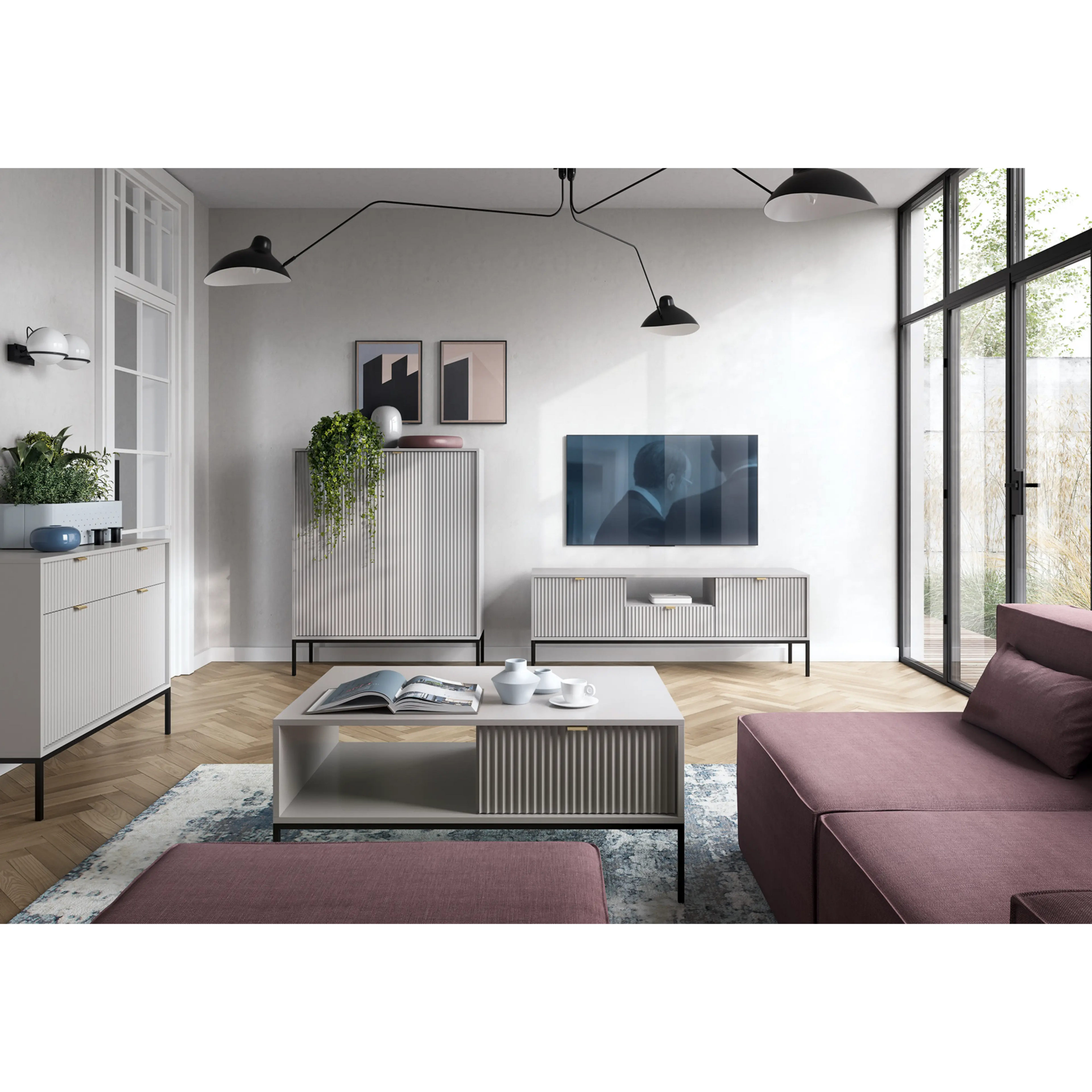 Komoda LUMI 2D2S – 104 cm, szara, ryflowane fronty, czarne nóżki