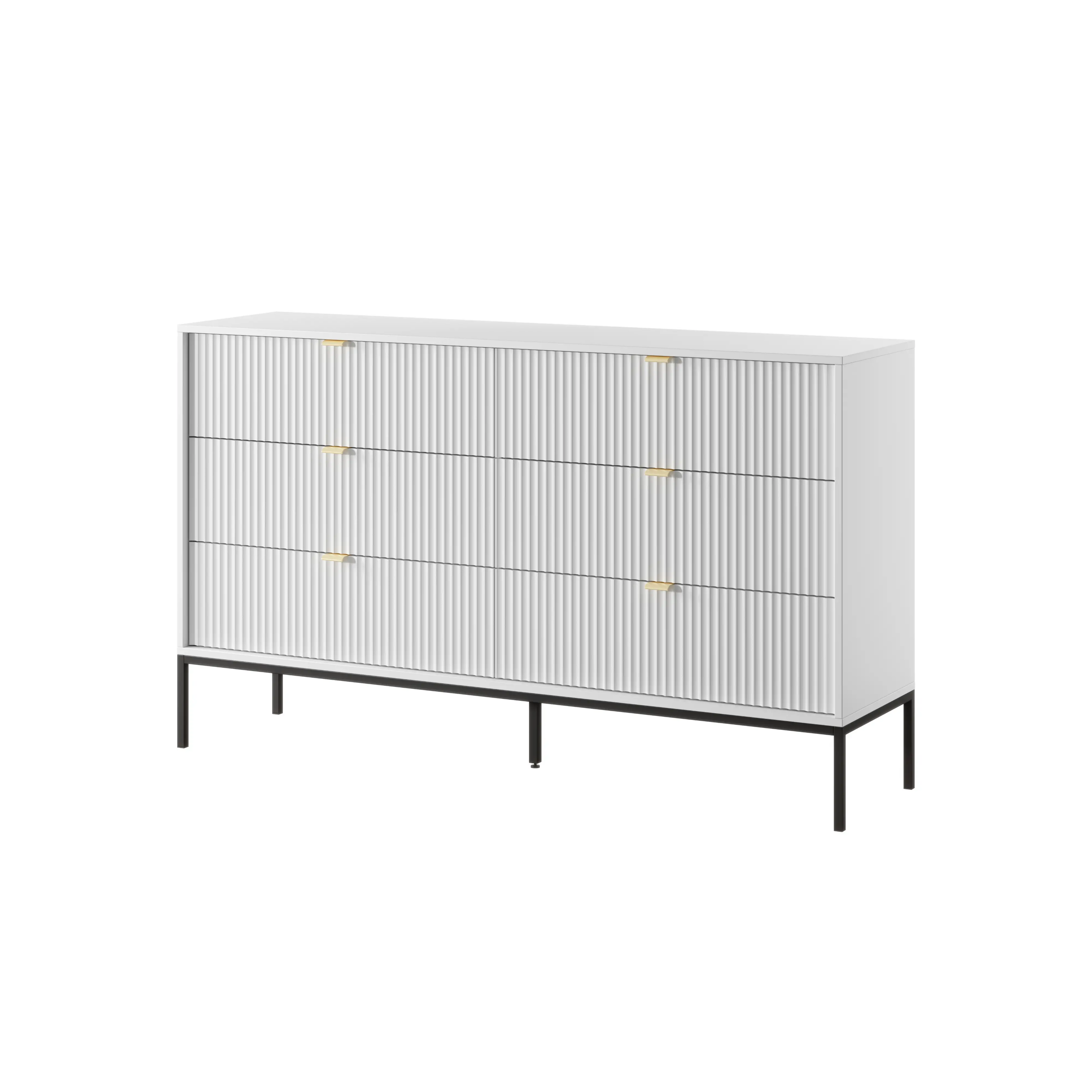 Komoda LUMI 6S – 154 cm, biała, ryflowane fronty, czarne nóżki
