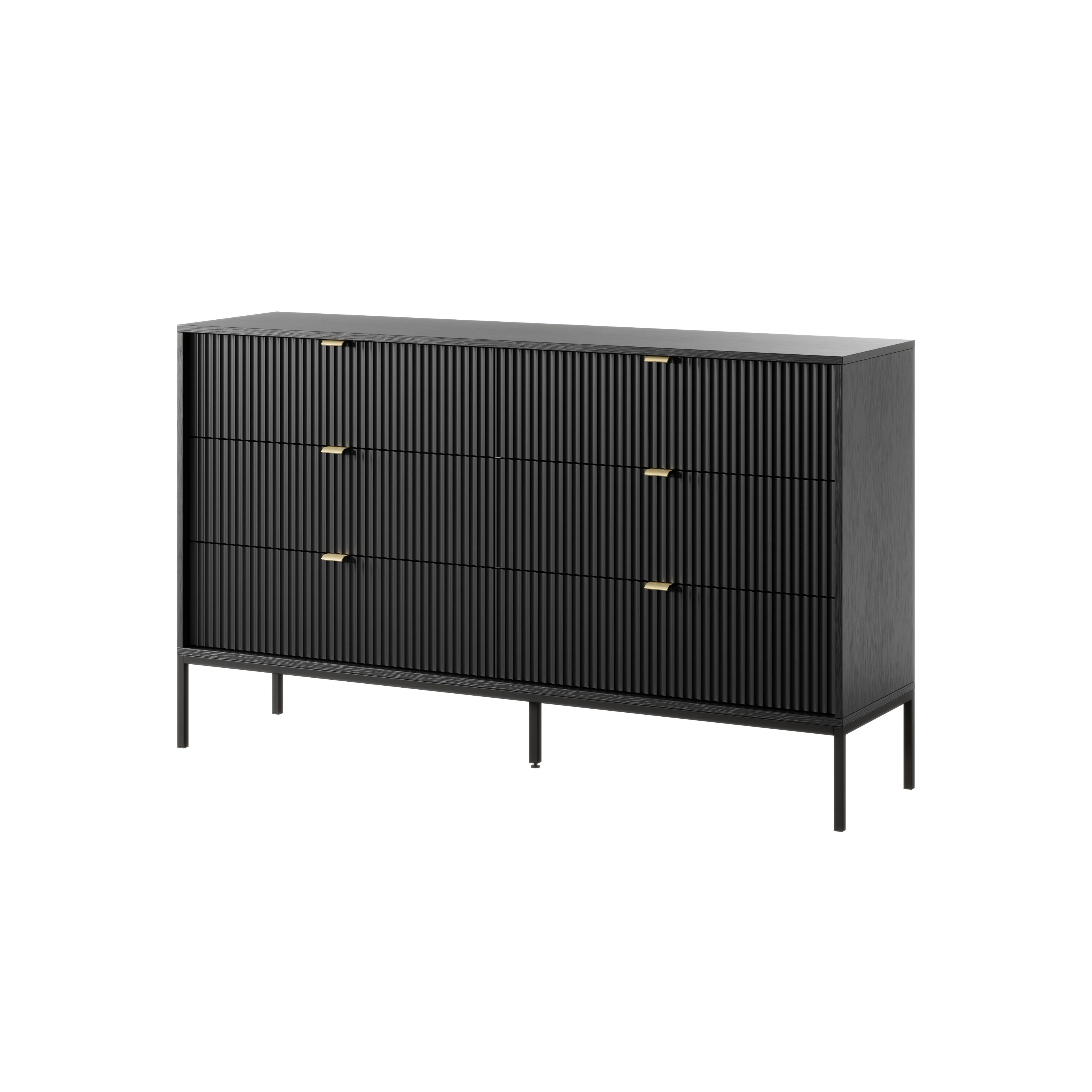 Komoda LUMI 6S – 154 cm, czarna, ryflowane fronty, czarne nóżki