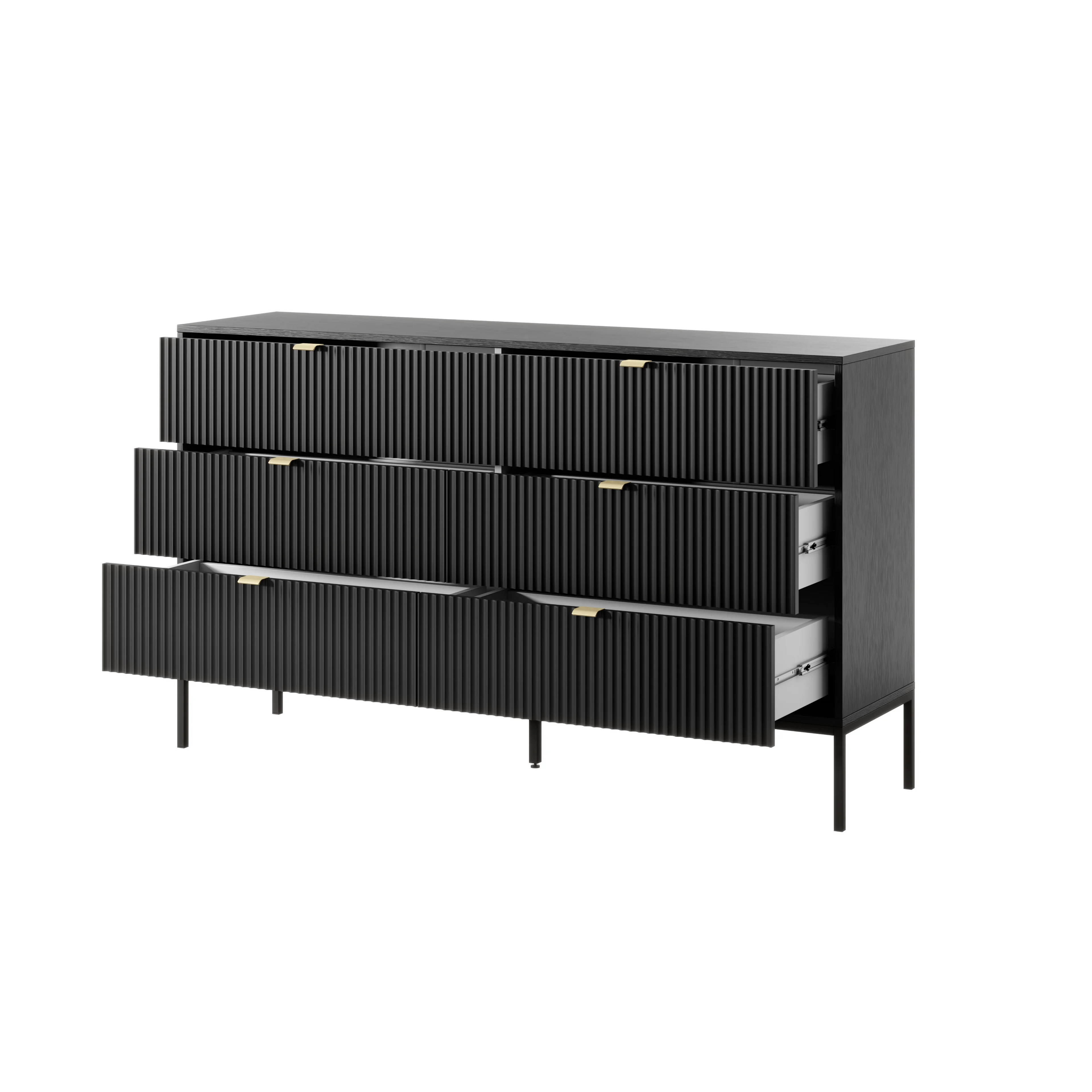 Komoda LUMI 6S – 154 cm, czarna, ryflowane fronty, czarne nóżki