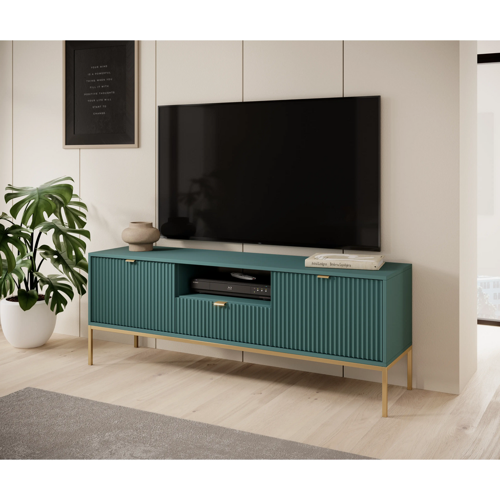 Szafka RTV LUMI 154 cm – labrador, ryflowane fronty, złote nóżki