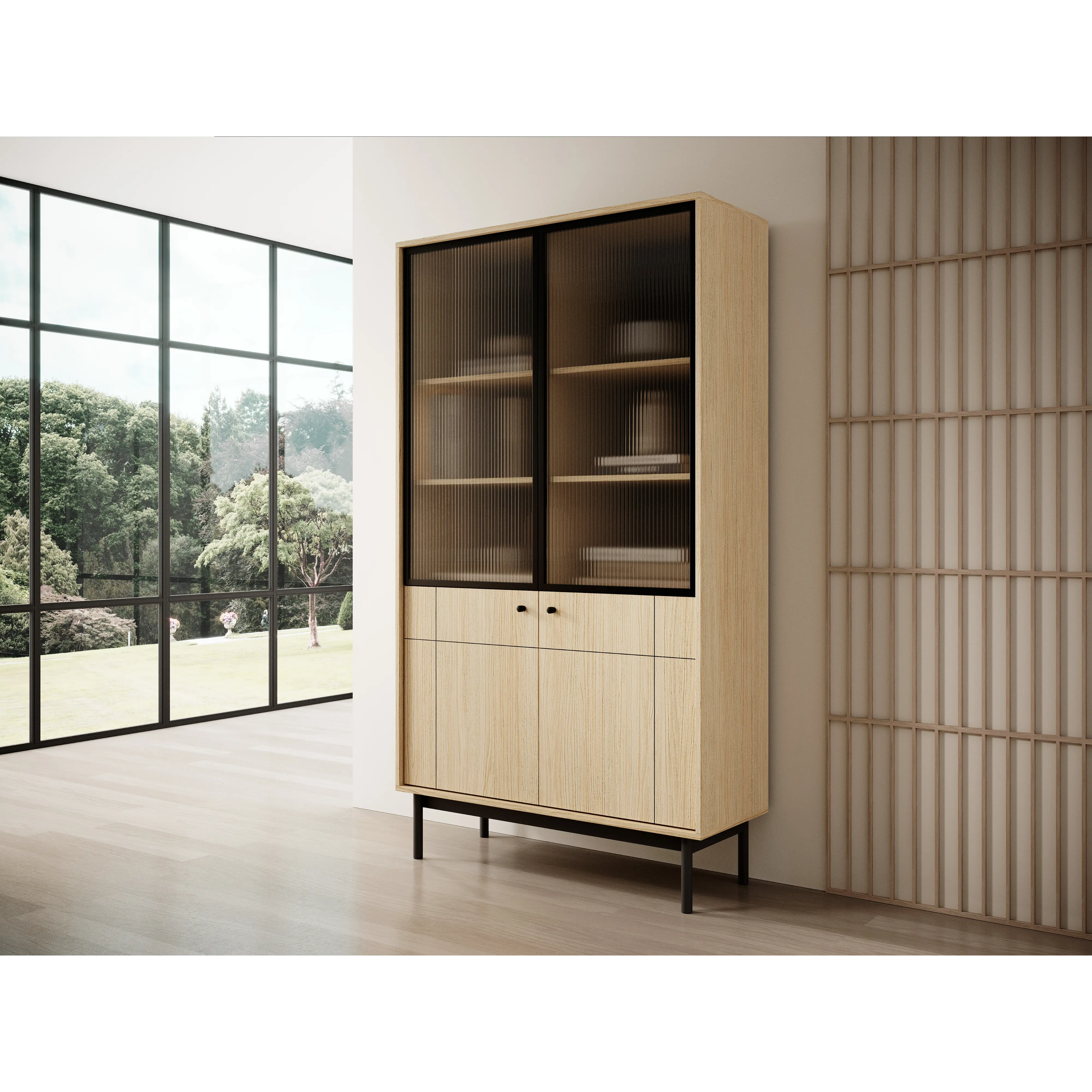 Witryna Dwudrzwiowa z Pułkami Dąb Linea WT104  Japandi