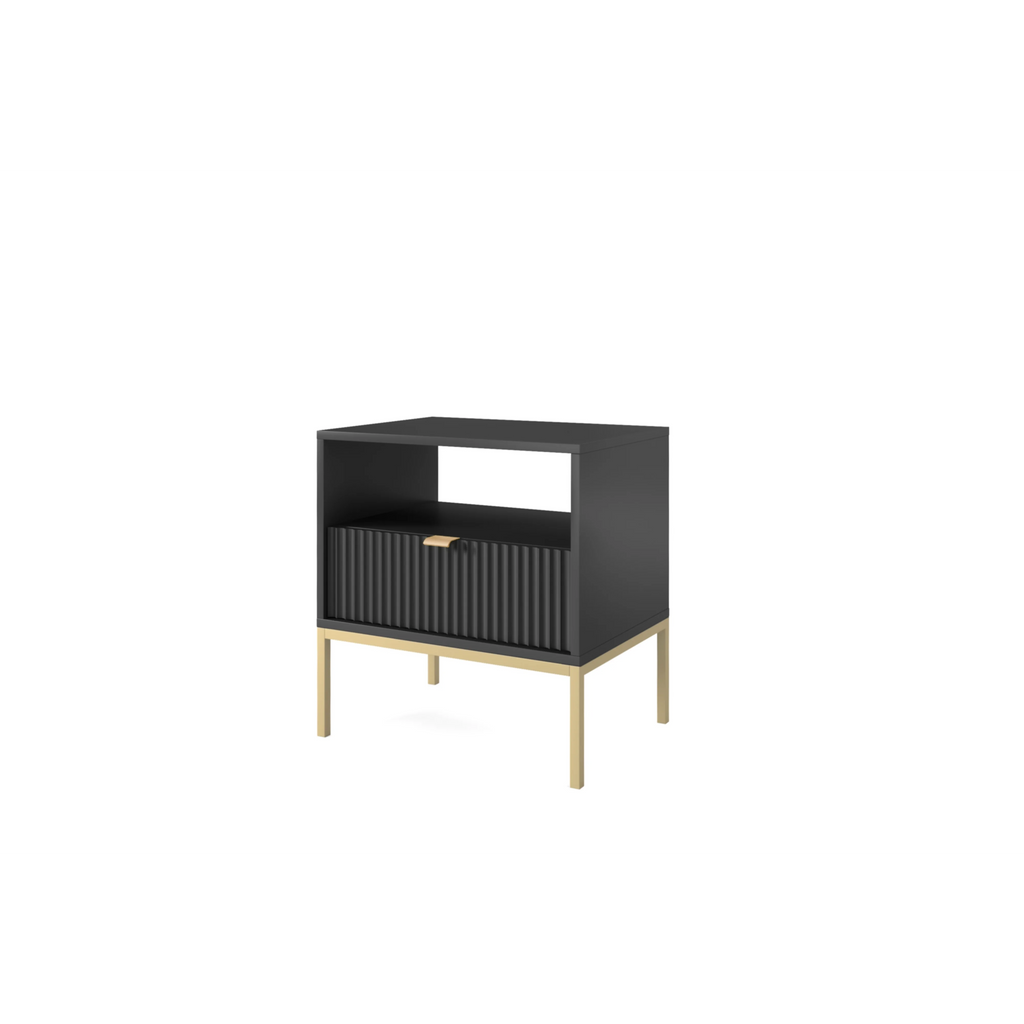 Stolik nocny LUMI 1S – 54 cm, czarny, ryflowany front, złote nóżki