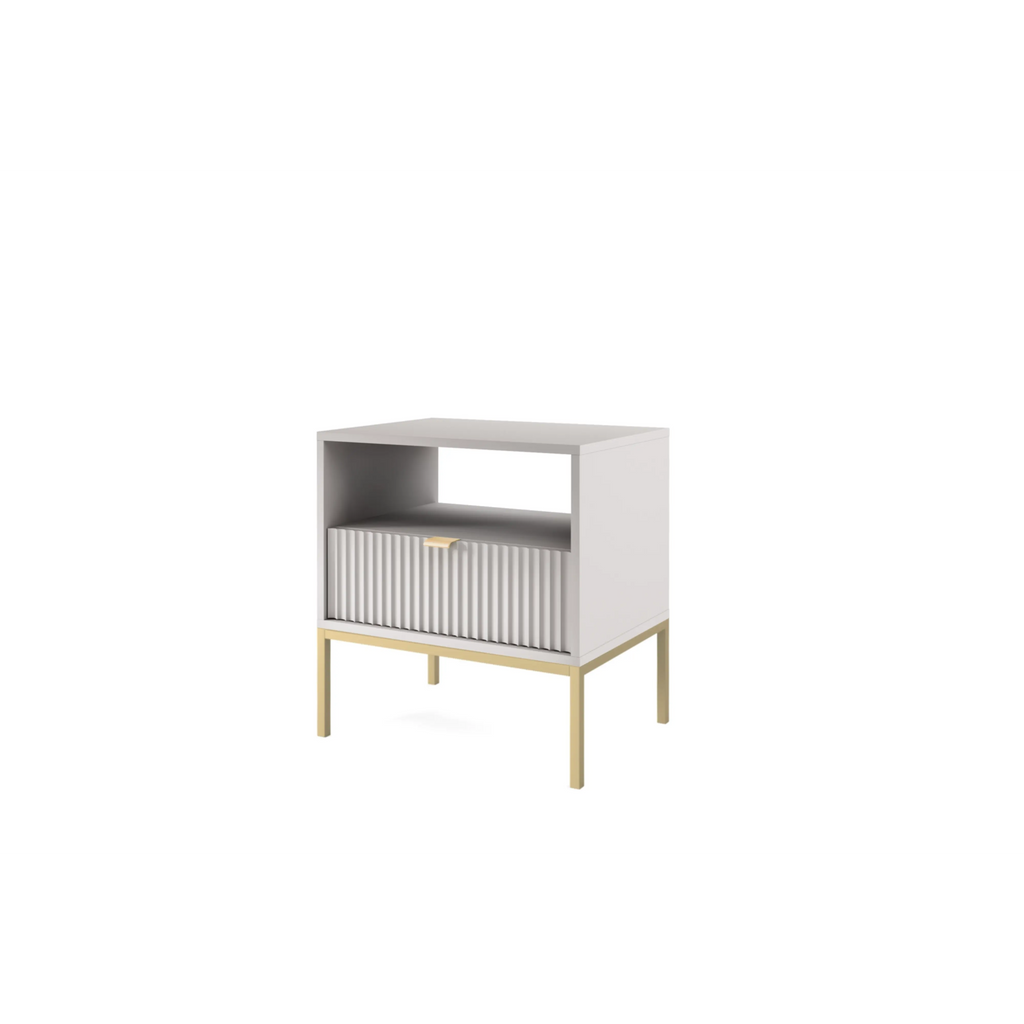 Stolik nocny LUMI 1S – 54 cm, szary, ryflowany front, złote nóżki