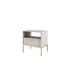 Stolik nocny LUMI 1S – 54 cm, szary, ryflowany front, złote nóżki