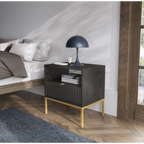 Stolik nocny LUMI 1S – 54 cm, czarny, ryflowany front, złote nóżki