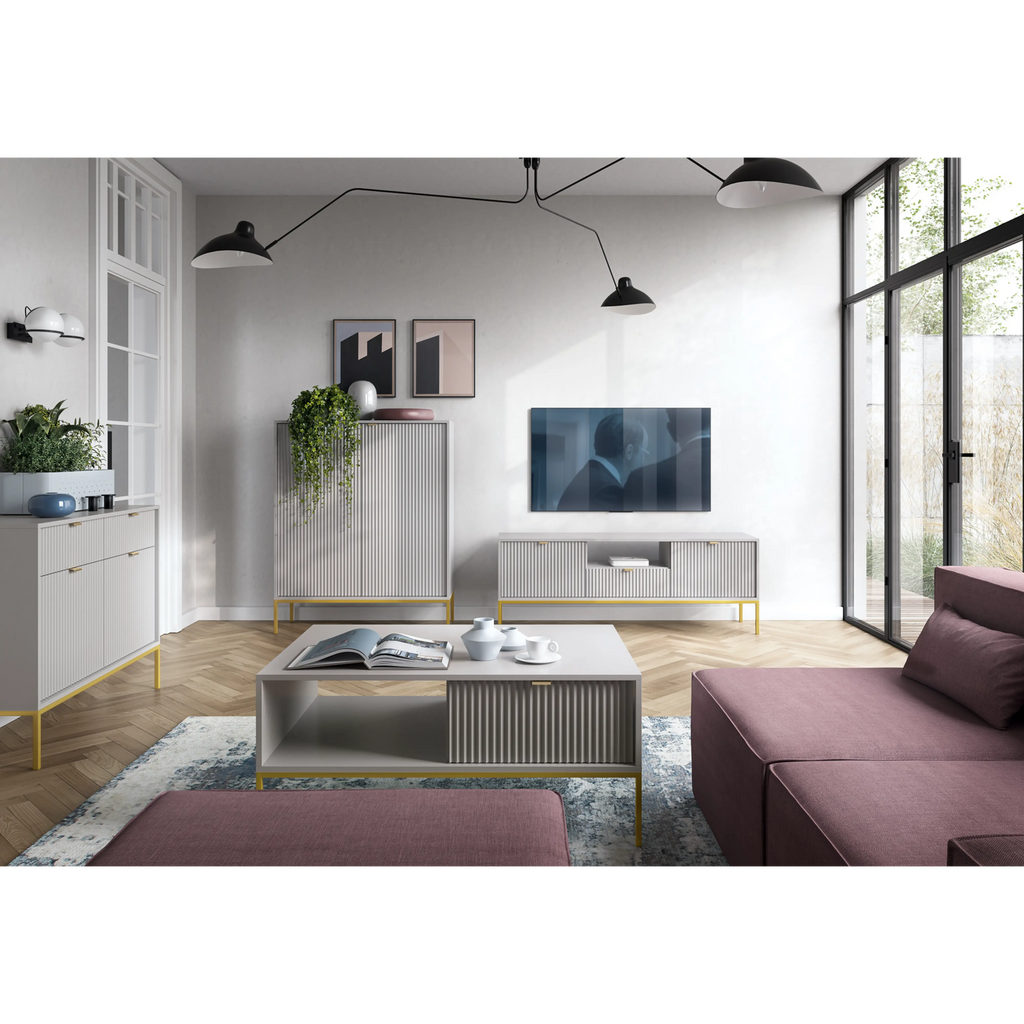Komoda LUMI 2D2S – 104 cm, szary, ryflowane fronty, złote nóżki