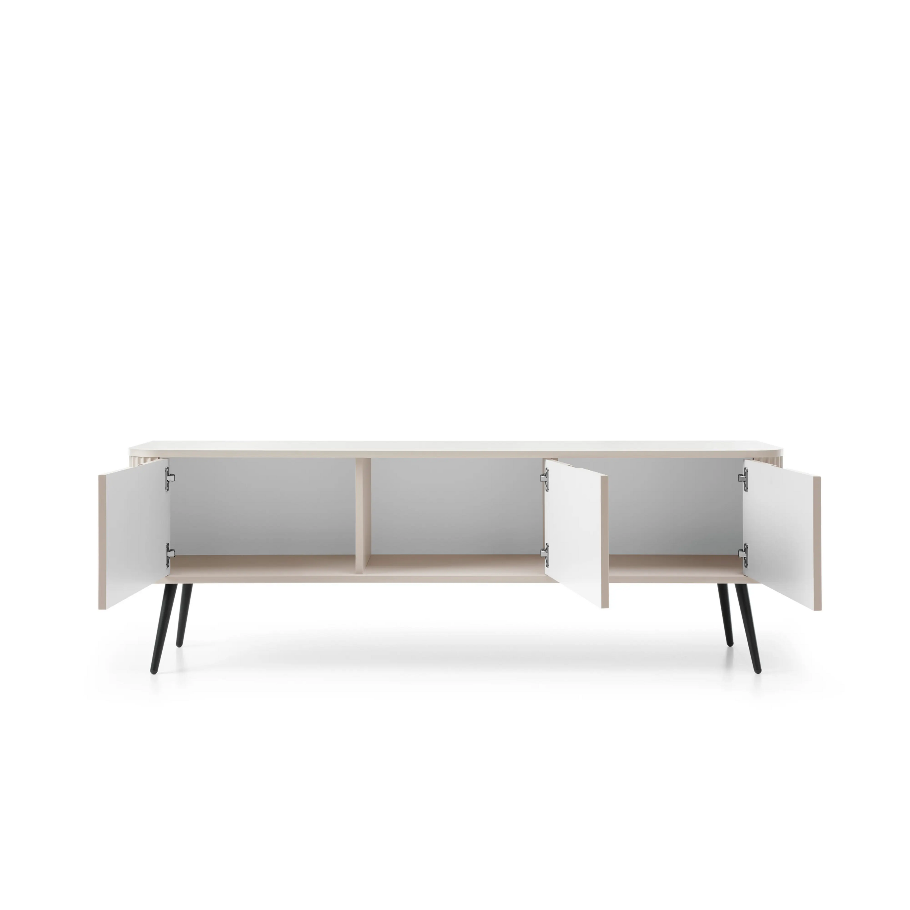 Szafka RTV VELORA 3D 168 cm – kaszmir, ryflowane fronty, czarne nóżki