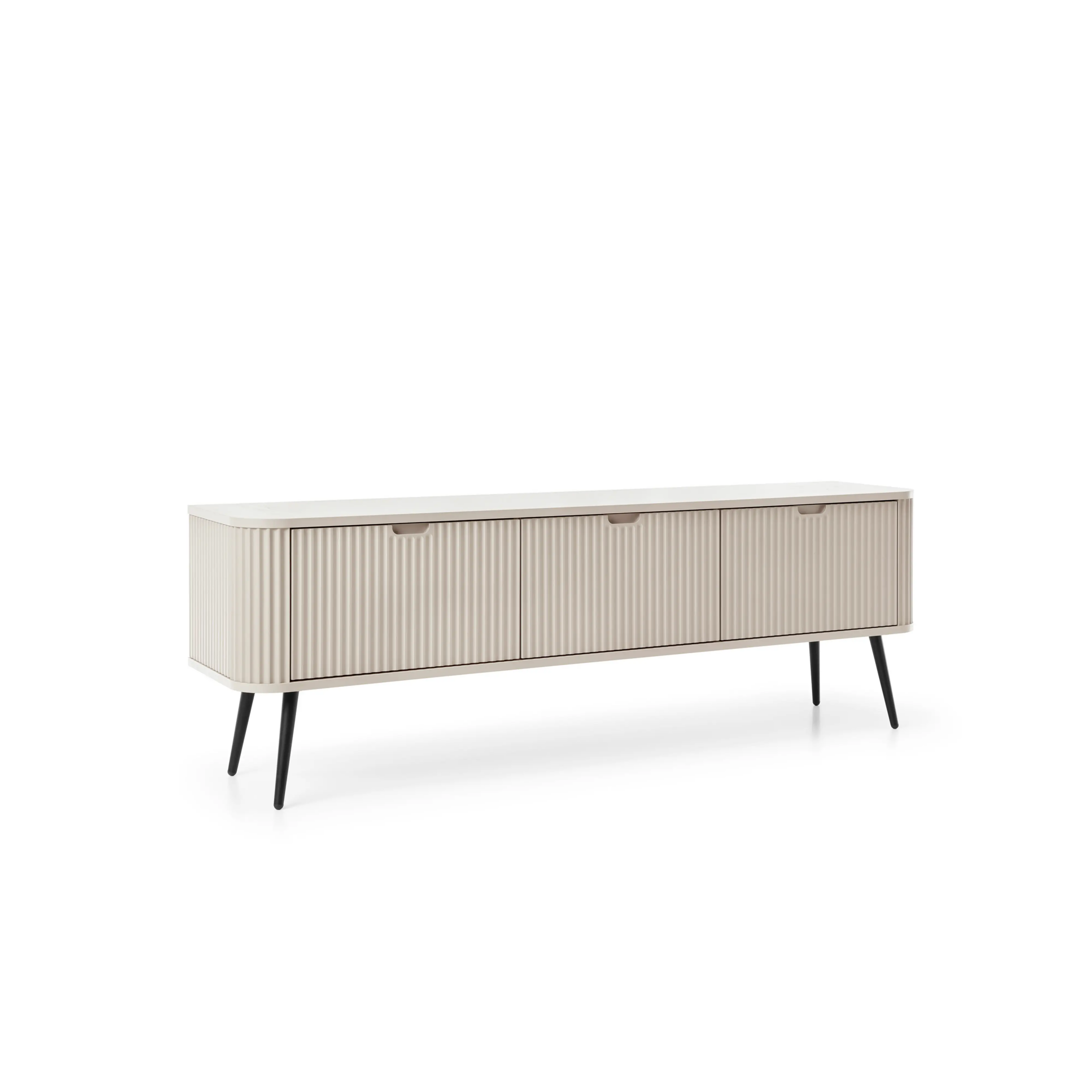 Szafka RTV VELORA 3D 168 cm – kaszmir, ryflowane fronty, czarne nóżki