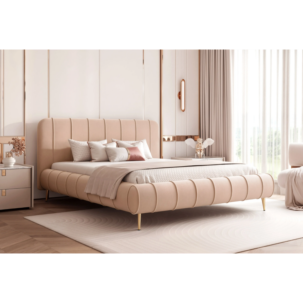 Łóżko tapicerowane LUMIÈRE Roll SLIM na nóżkach - Tkanina Dream Velvet
