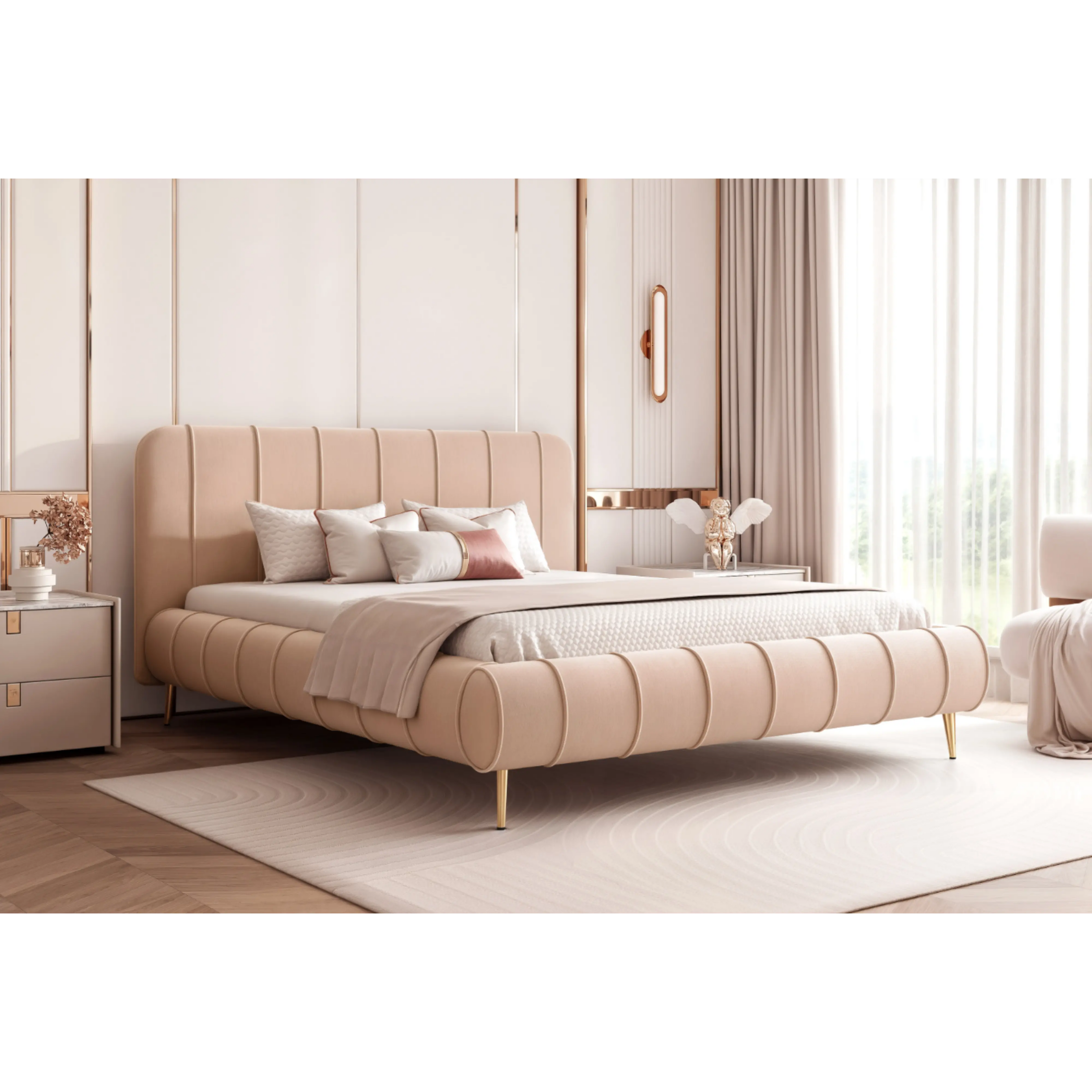 Łóżko tapicerowane LUMIÈRE Roll SLIM na nóżkach - Tkanina Dream Velvet