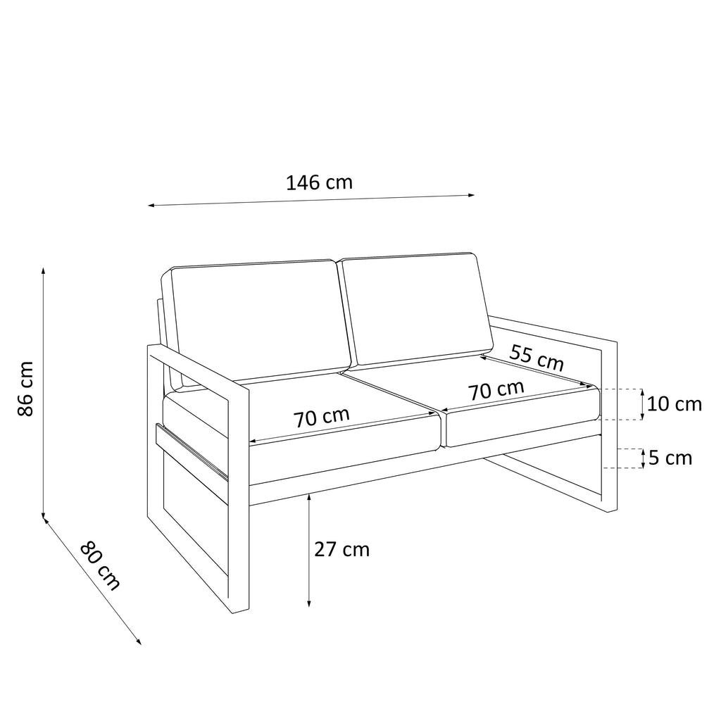 Zestaw mebli ogrodowych kaszmirowy stelaż + grafitowe poduszki – sofa 3-osobowa + sofa 2-osobowa + fotel + stolik
