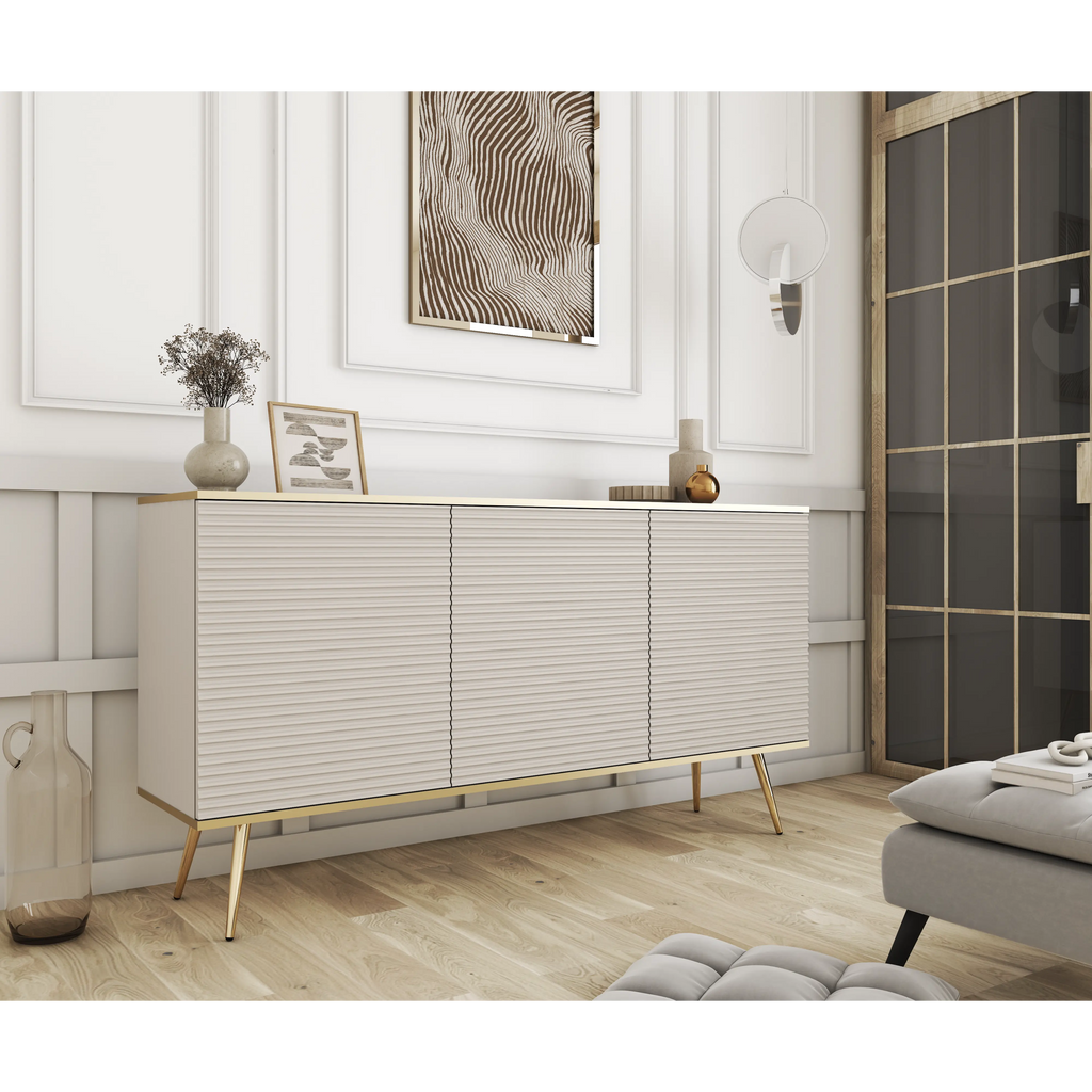 Komoda Elisse 3D - beżowa, ryflowany front, złote nożki