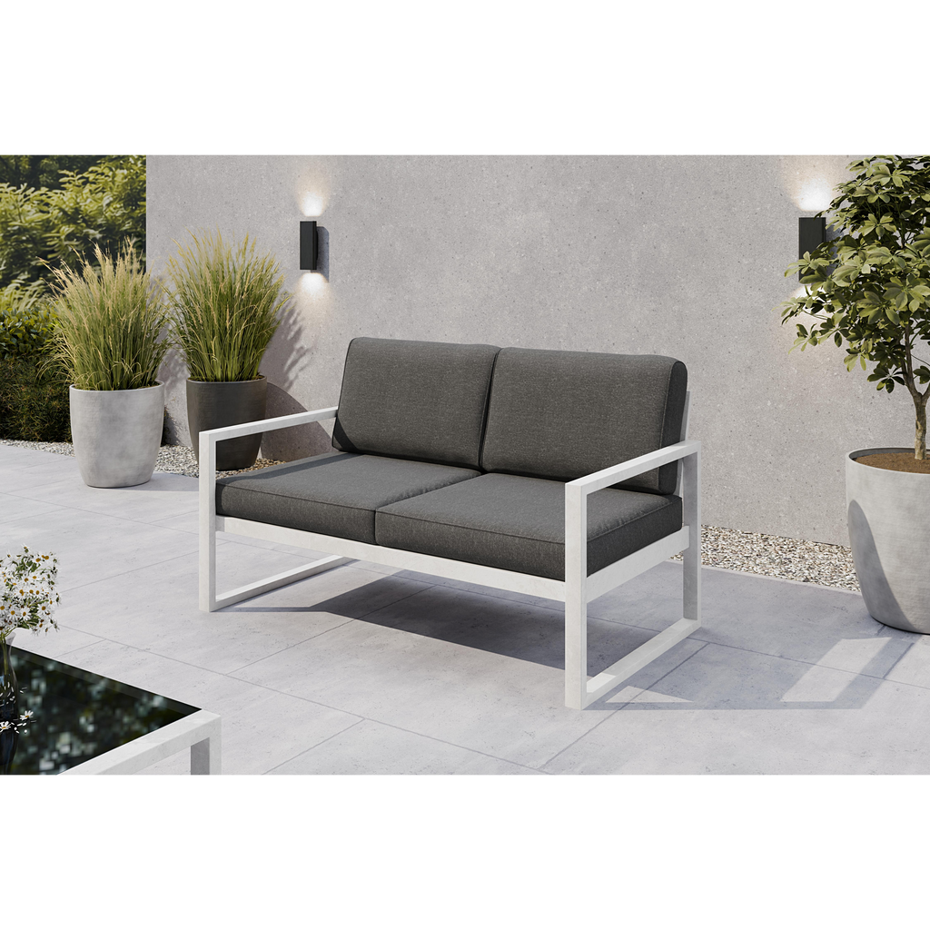 Sofa ogrodowa 2-osobowa biały stelaż + grafitowe poduszki