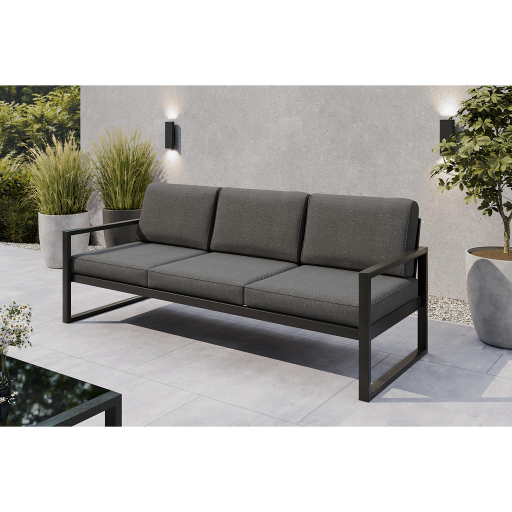 Sofa ogrodowa 3-osobowa grafit + szare poduszki – przestrzeń dla całej rodziny