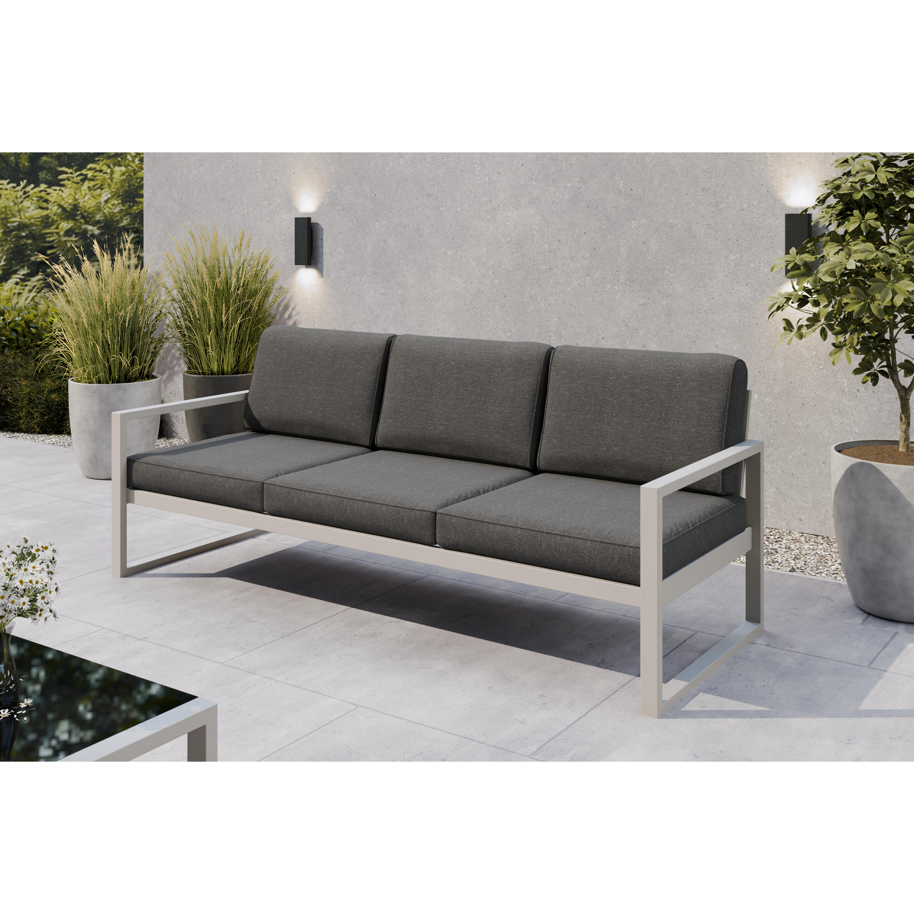 Zestaw mebli ogrodowych kaszmirowy stelaż + grafitowe poduszki – sofa 3-osobowa + sofa 2-osobowa + fotel + stolik