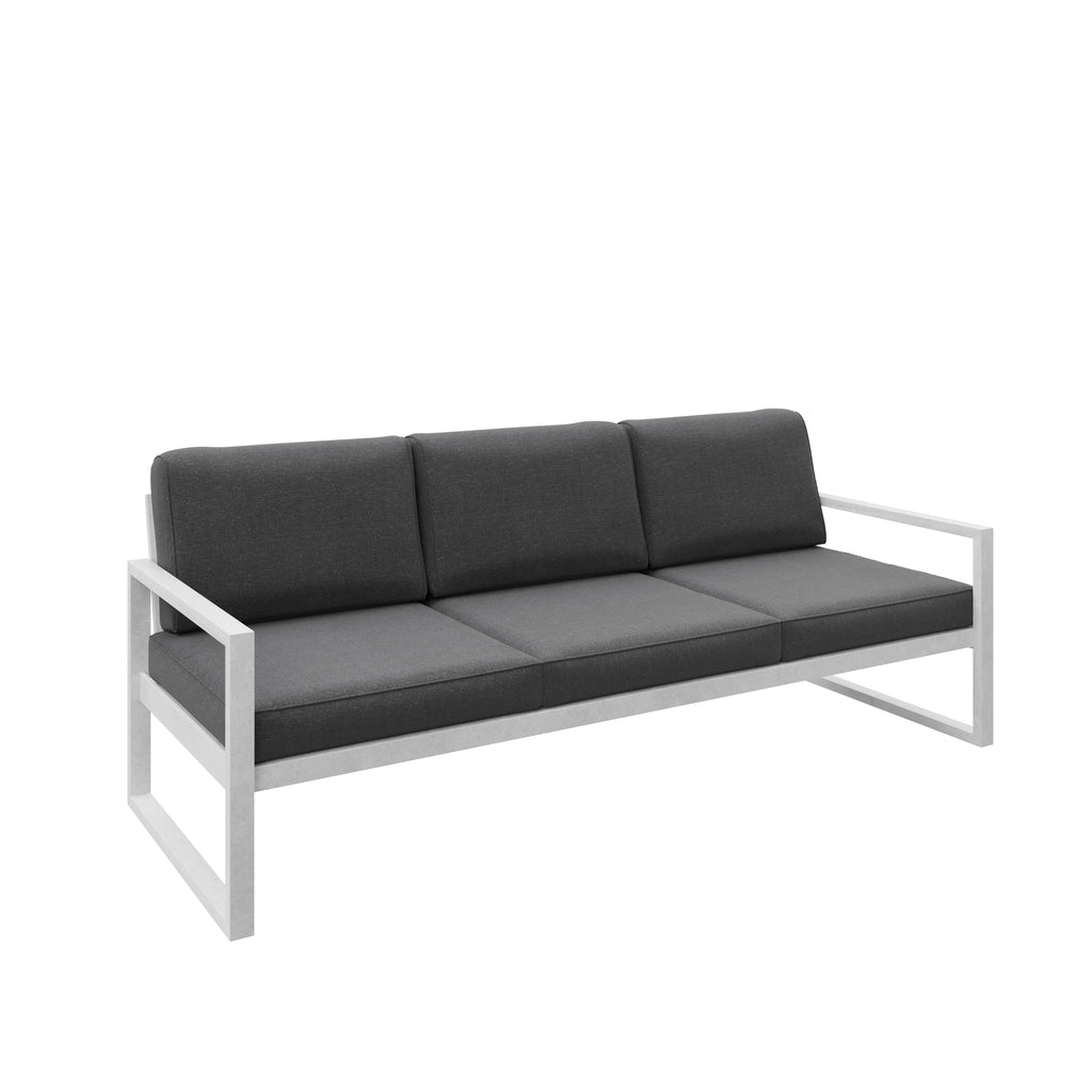 Zestaw mebli ogrodowych biały stelaż + grafitowe poduszki – sofa 3-osobowa + sofa 2-osobowa + fotel + stolik