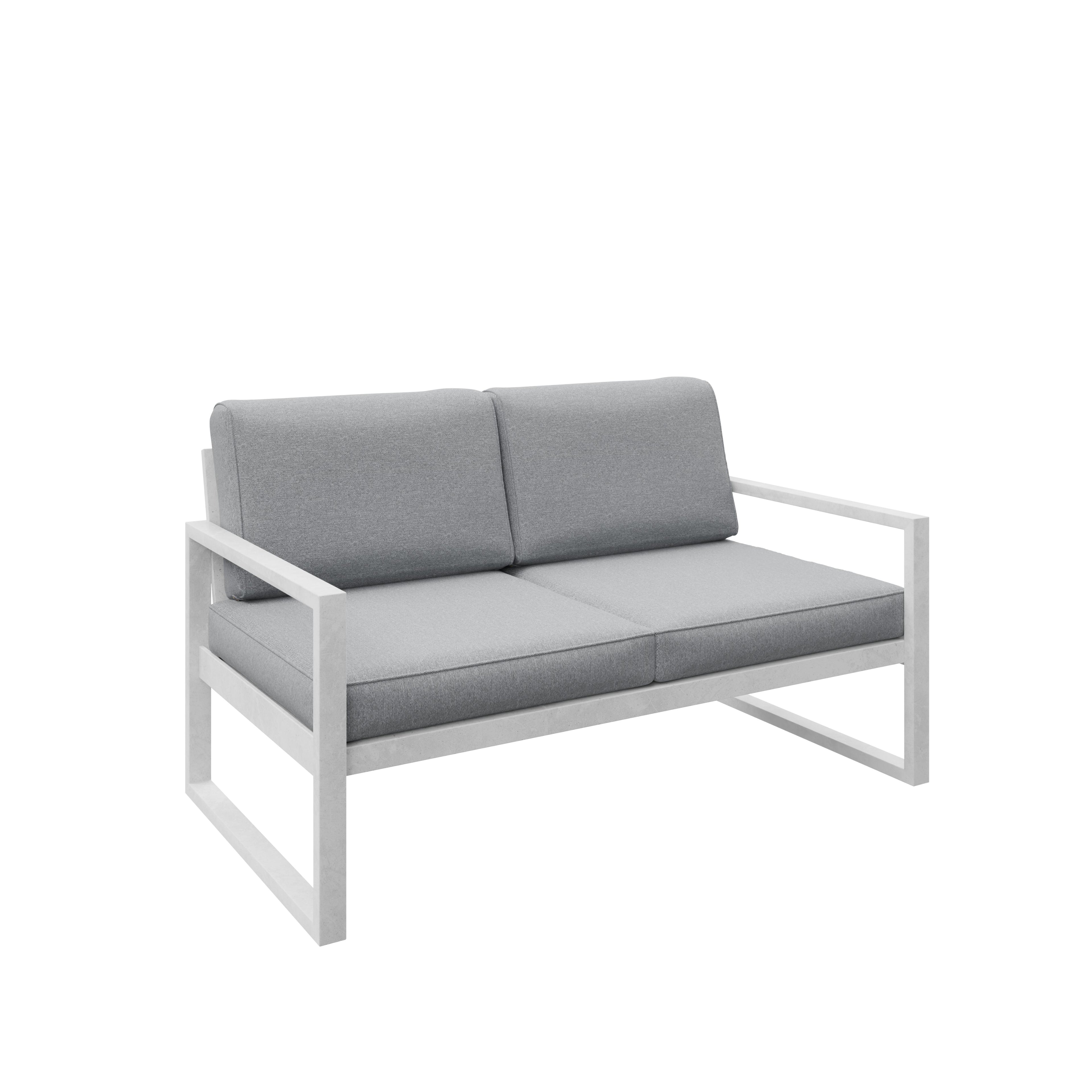 Zestaw mebli ogrodowych biały stelaż + jasnoszare poduszki – sofa 3-osobowa + sofa 2-osobowa + fotel + stolik