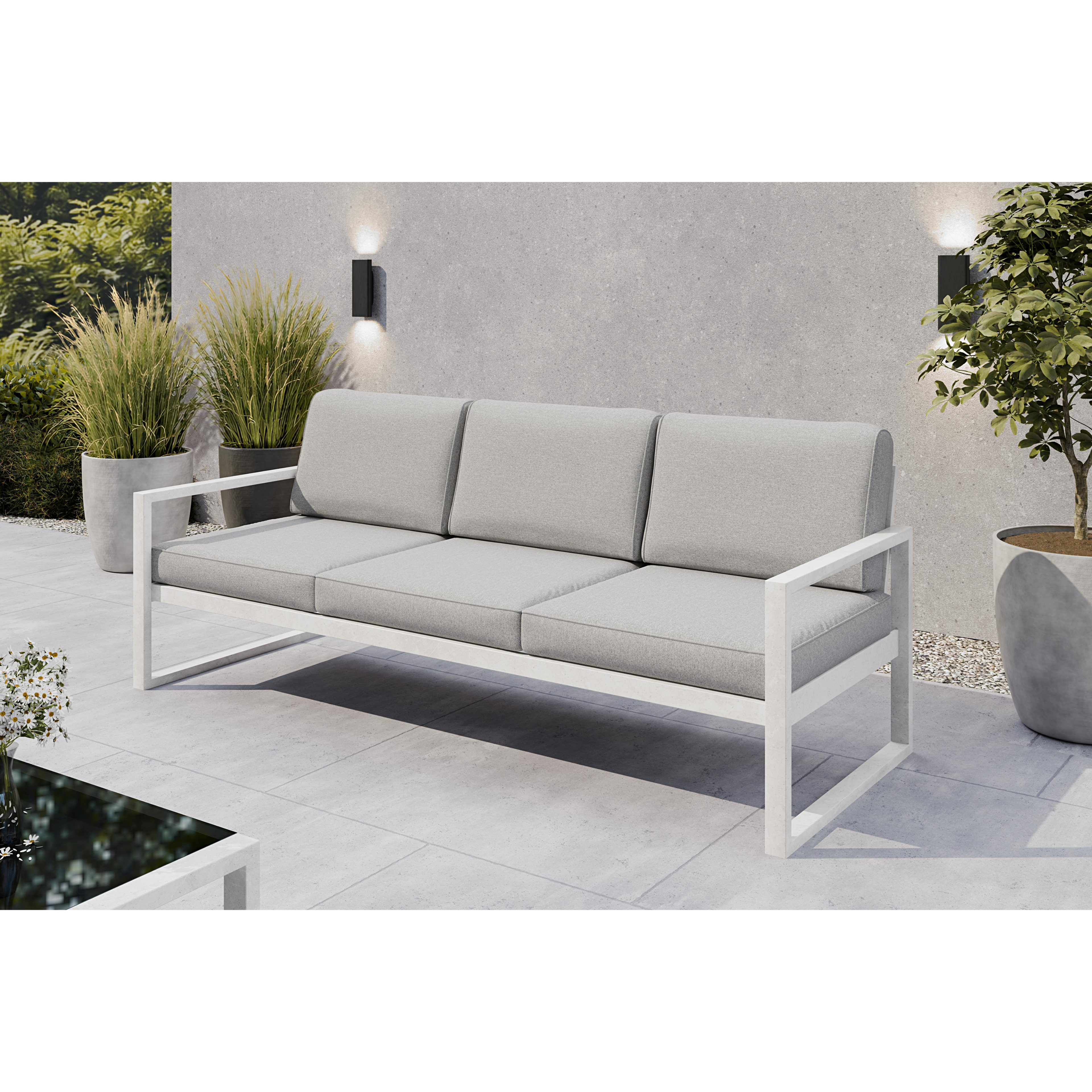 Sofa ogrodowa 3-osobowa biały stelaż + jasnoszare poduszki