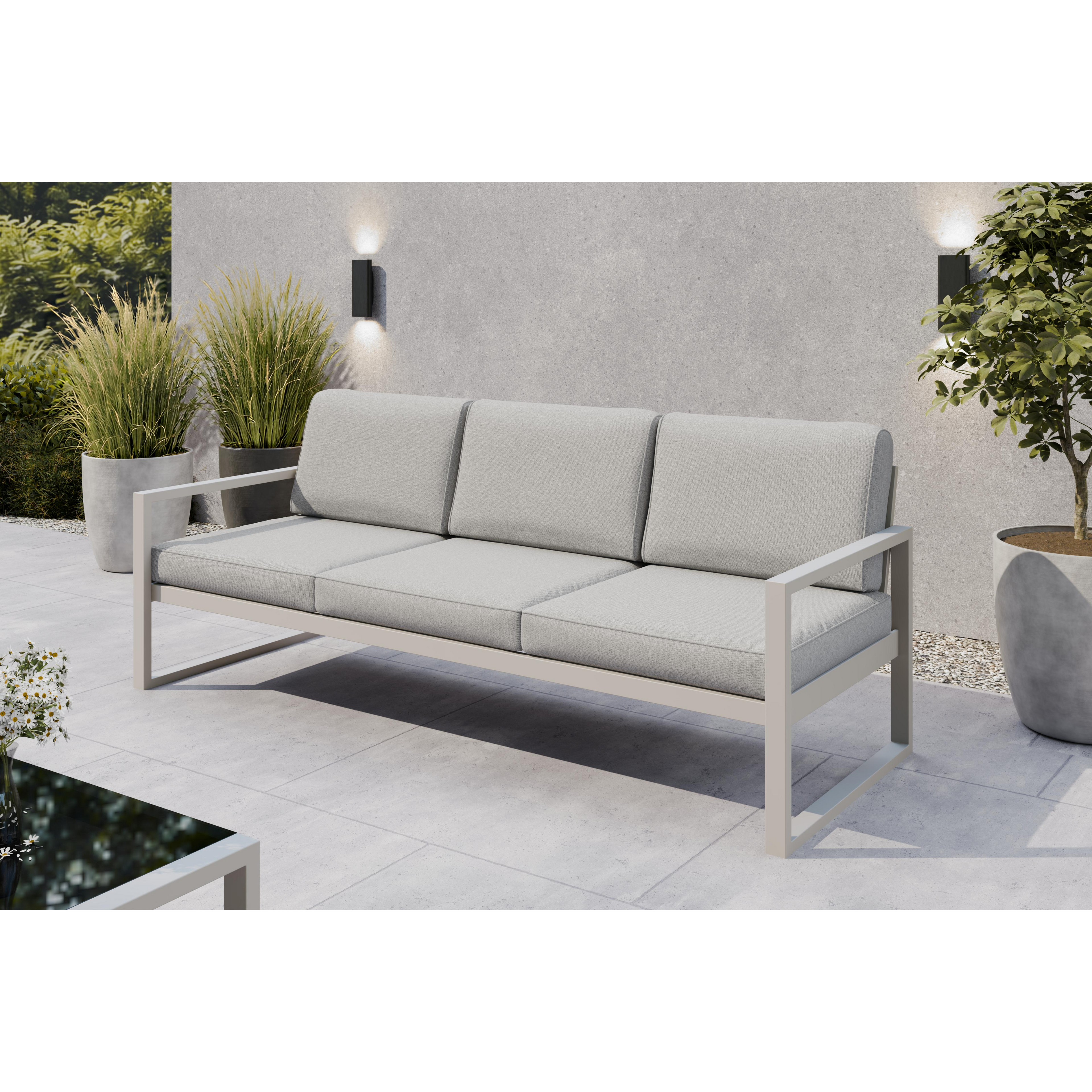 Sofa ogrodowa 3-osobowa kaszmirowy stelaż + jasno szare poduszki