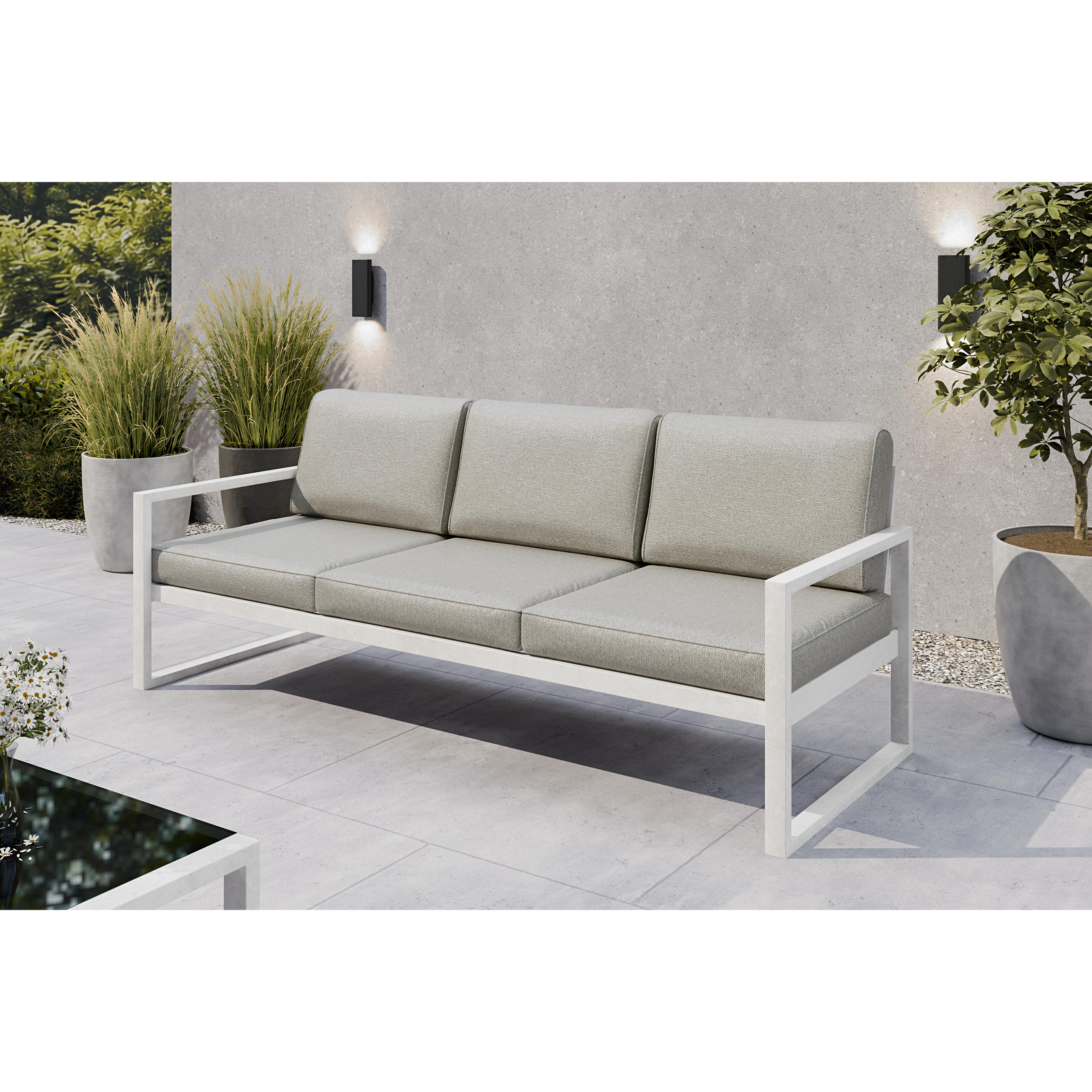 Zestaw mebli ogrodowych biały stelaż + szare poduszki – sofa 3-osobowa + sofa 2-osobowa + fotel + stolik