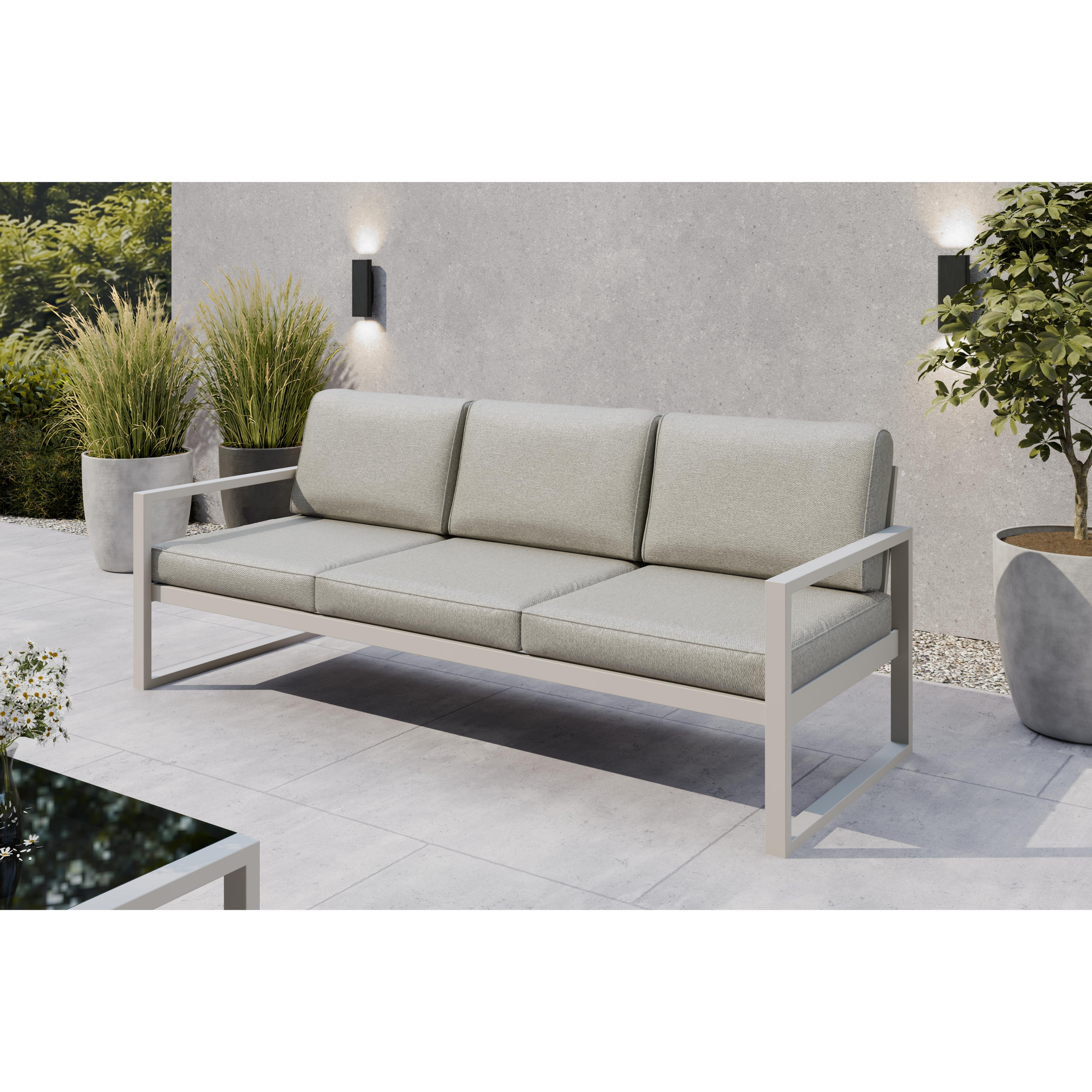 Sofa ogrodowa 3-osobowa kaszmirowy stelaż + szare poduszki