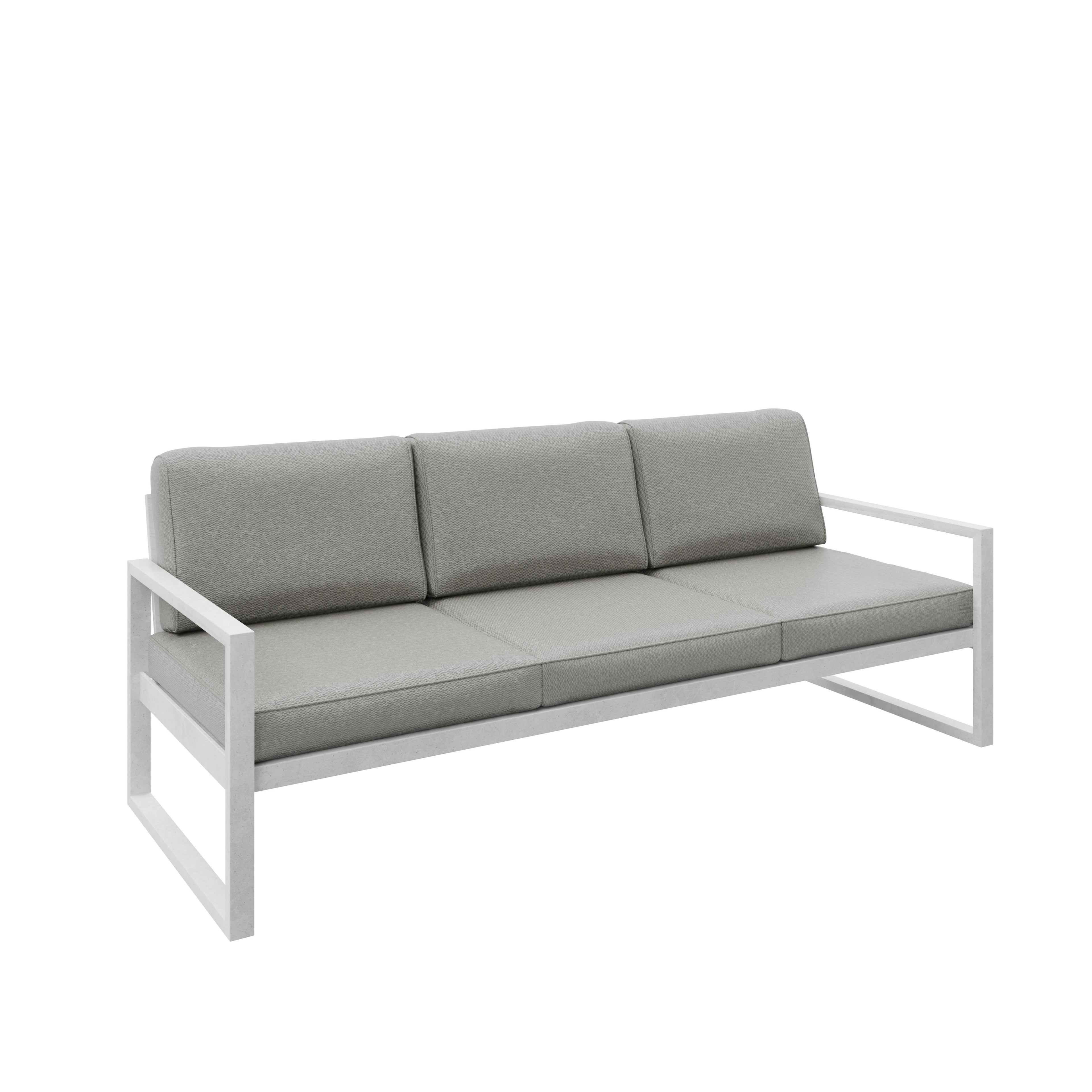 Zestaw mebli ogrodowych biały stelaż + szare poduszki – sofa 3-osobowa + sofa 2-osobowa + fotel + stolik