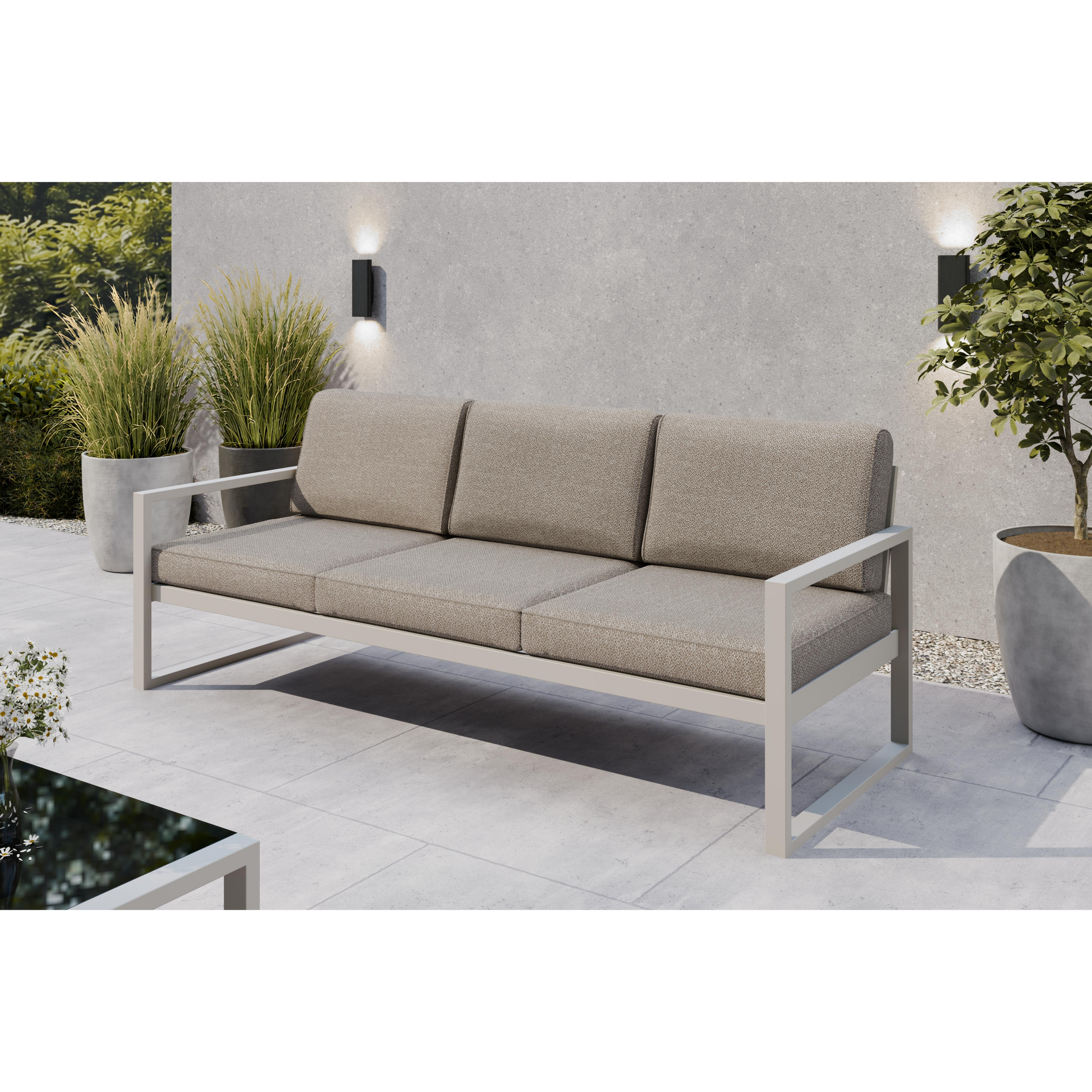 Sofa ogrodowa 3-osobowa kaszmirowy stelaż + ciemno beżowe poduszki