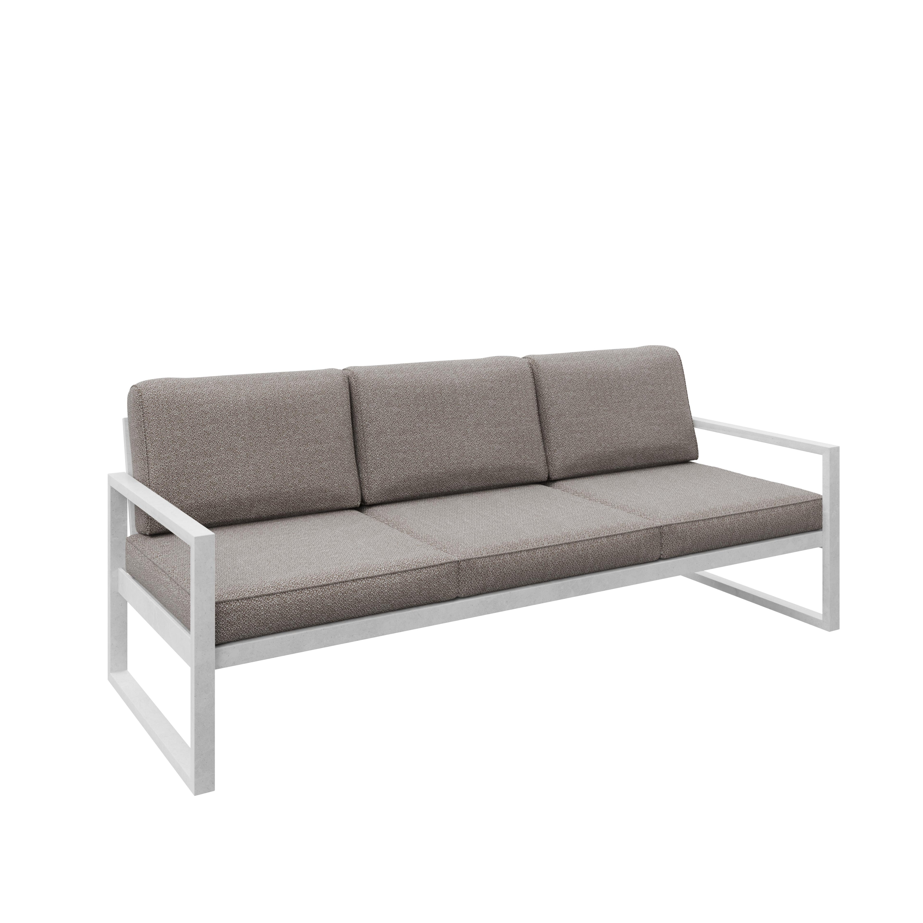 Sofa ogrodowa 3-osobowa biały stelaż + ciemno beżowe poduszki