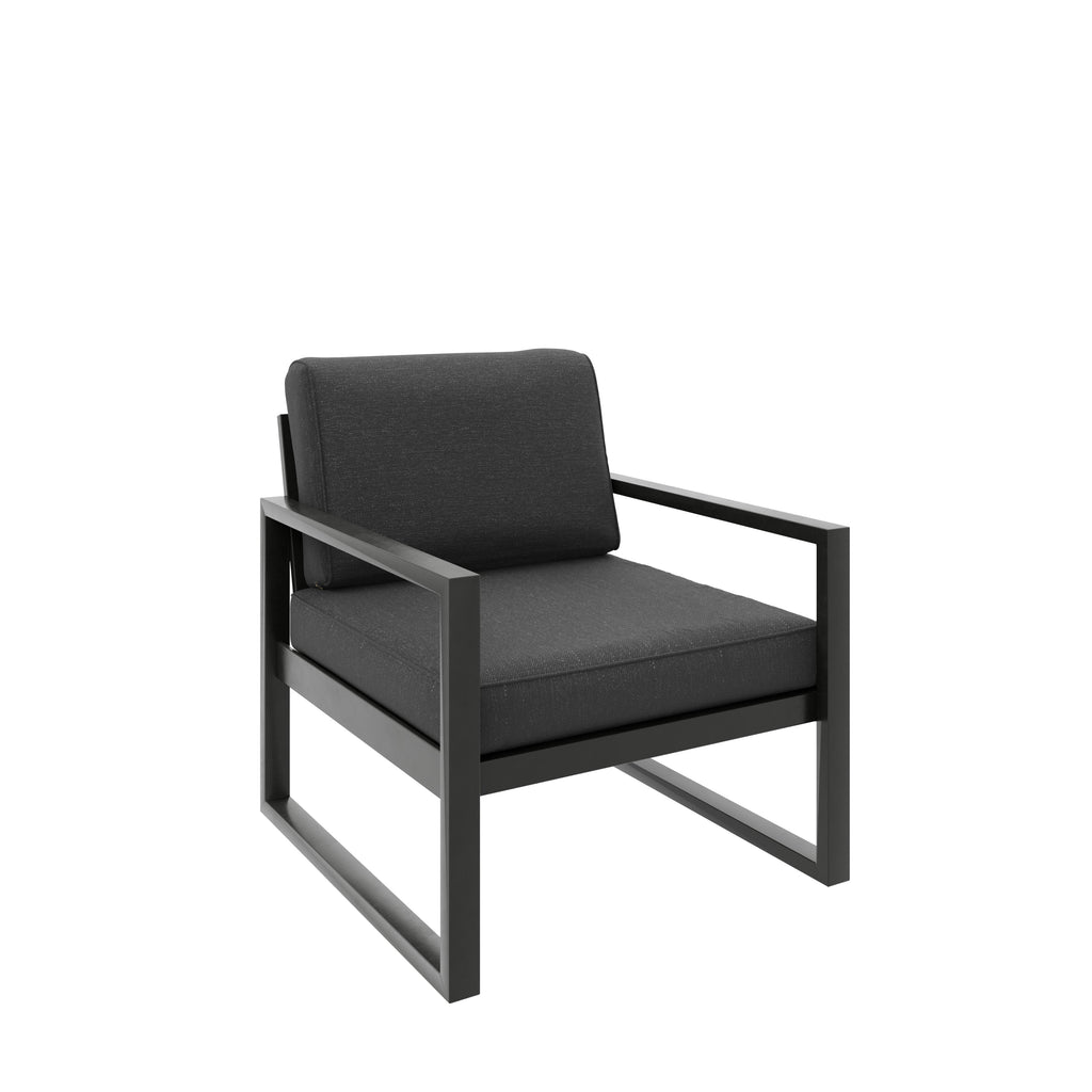 Zestaw mebli ogrodowych czarny stelaż + czarne poduszki – sofa 3-osobowa + sofa 2-osobowa + fotel + stolik