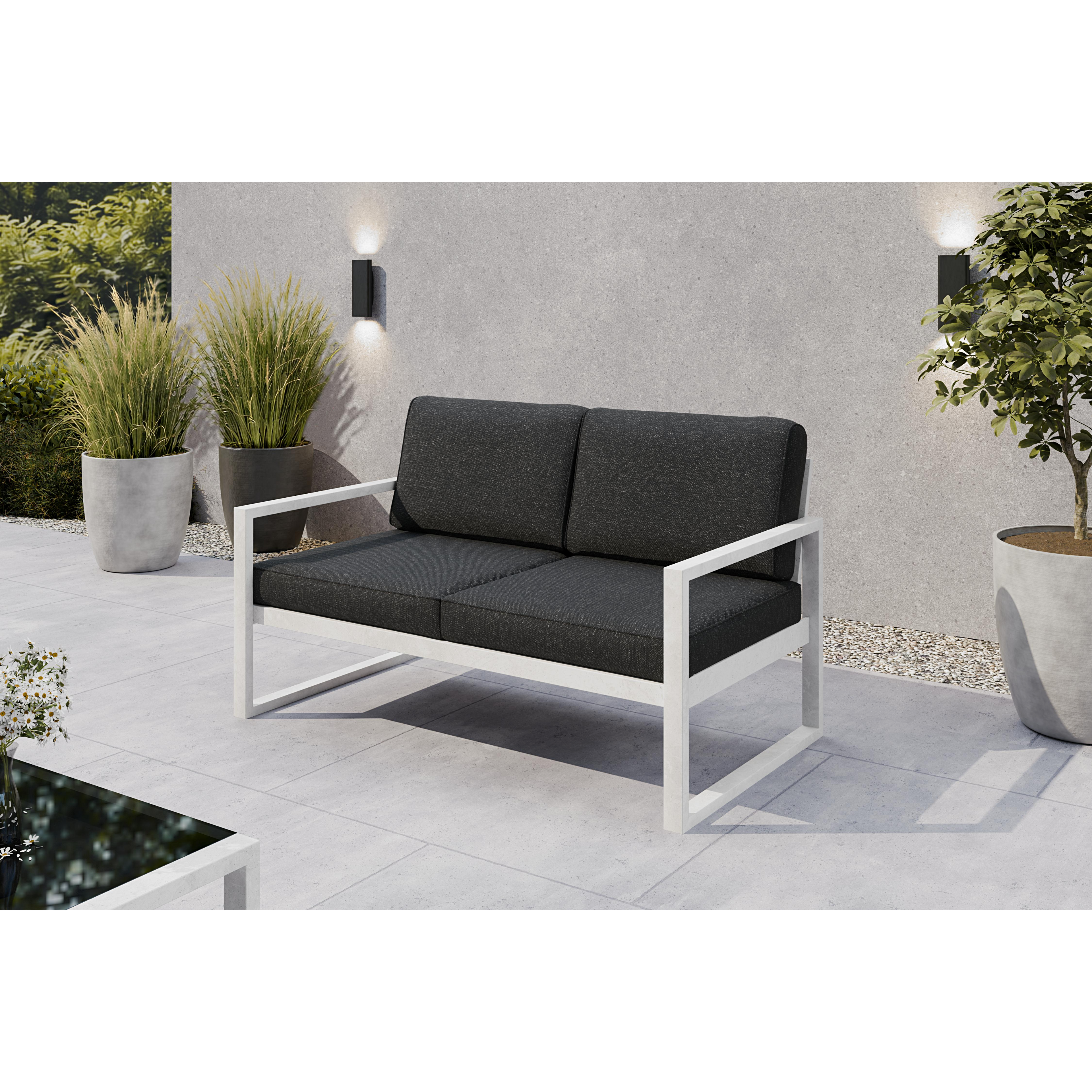Sofa ogrodowa 2-osobowa biały stelaż + czarne poduszki