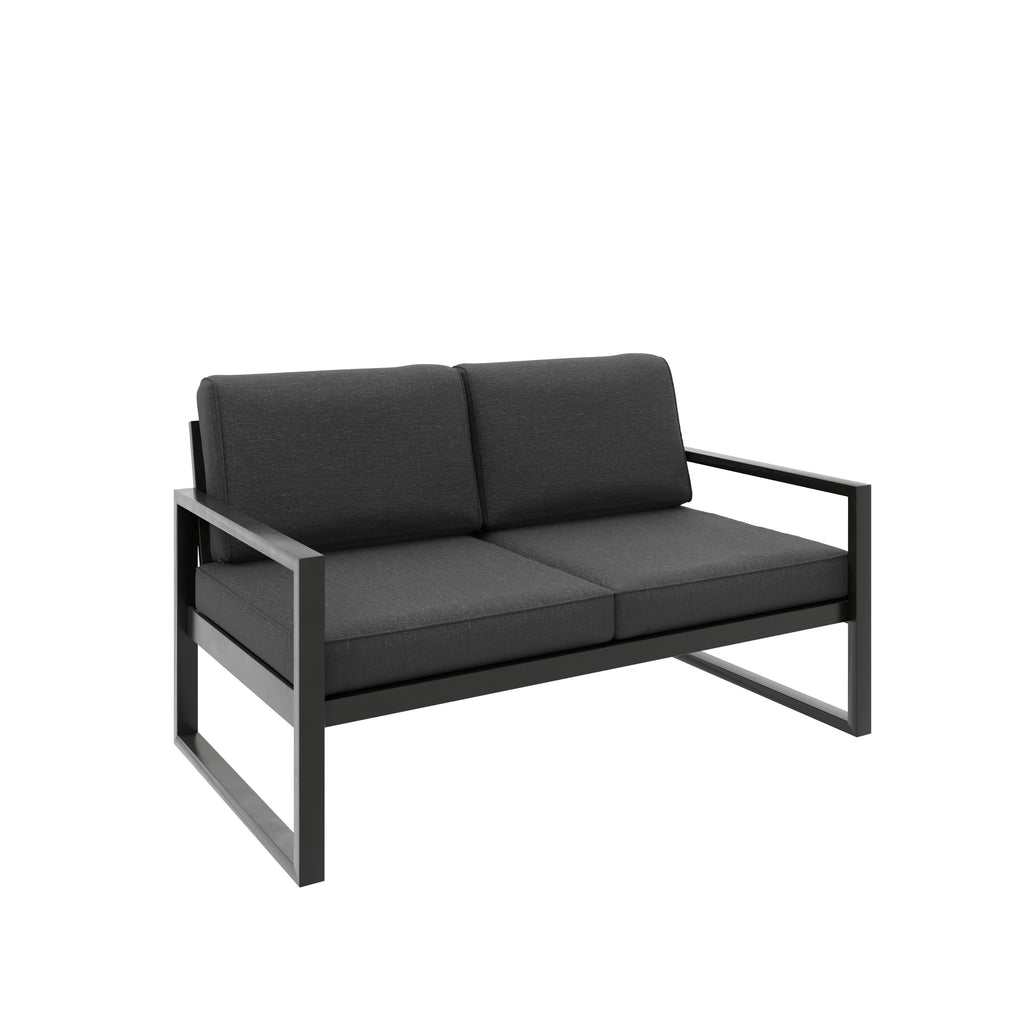 Zestaw mebli ogrodowych czarny stelaż + czarne poduszki – sofa 3-osobowa + sofa 2-osobowa + fotel + stolik