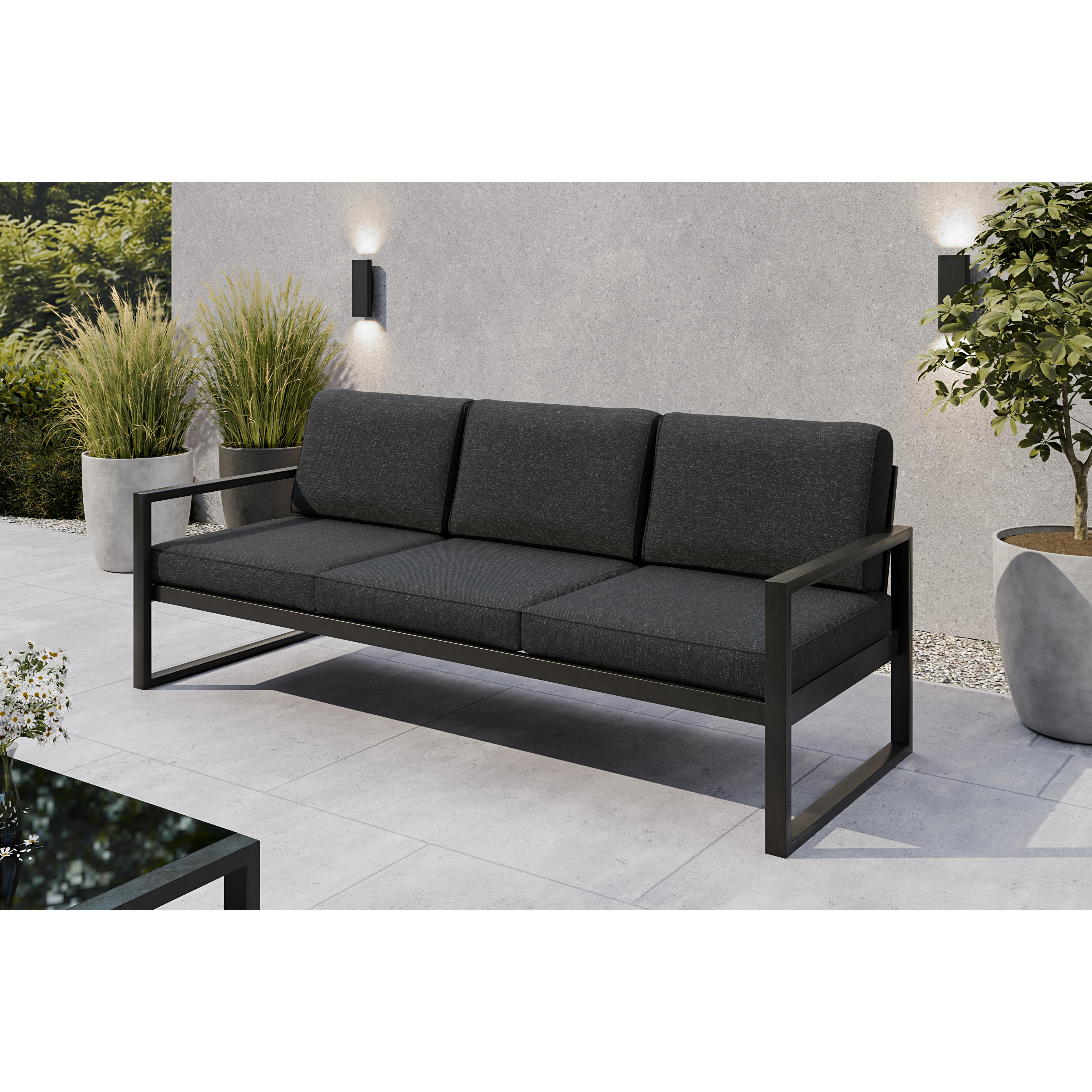 Sofa ogrodowa 3-osobowa czarny stelaż + czarne poduszki