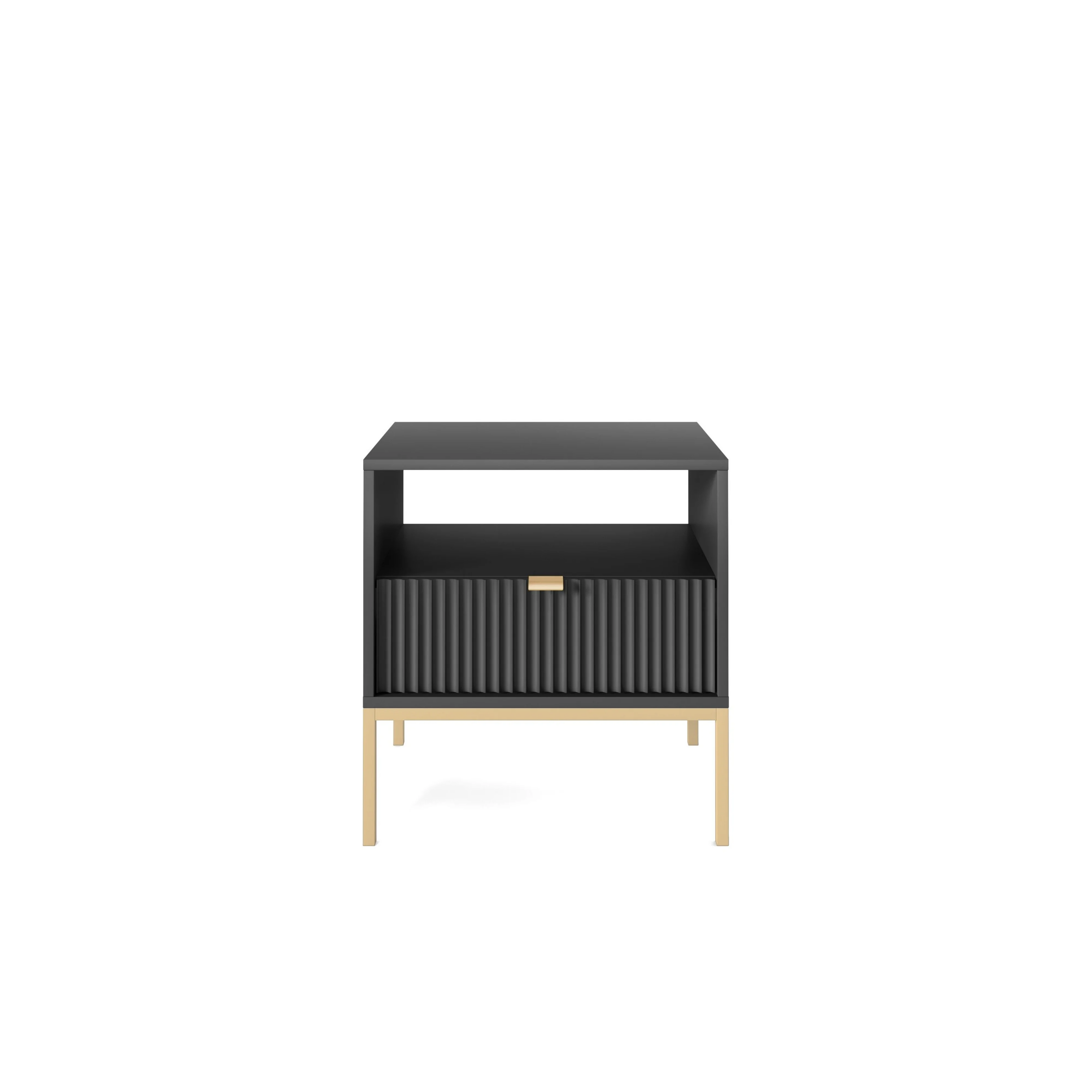 Stolik nocny LUMI 1S – 54 cm, czarny, ryflowany front, złote nóżki