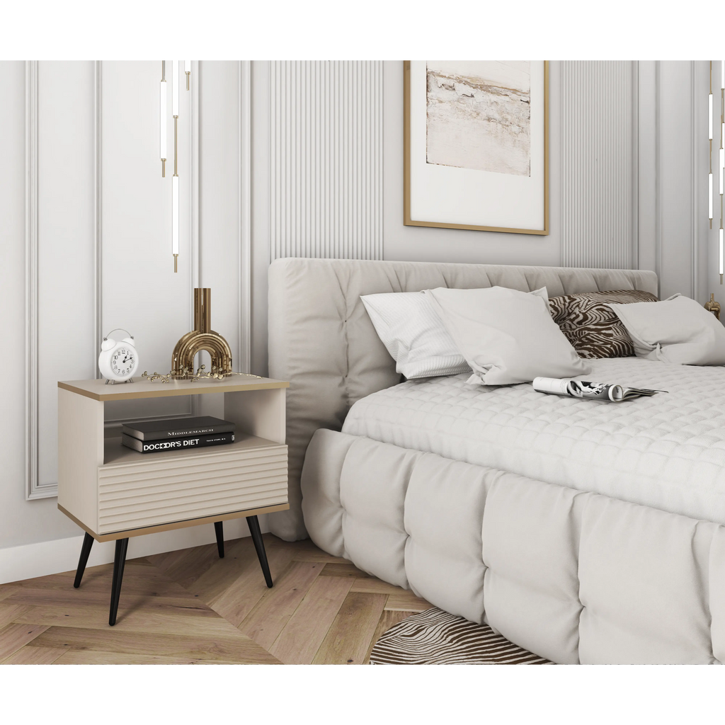 Szafka nocna Elisse 54cm - beżowa, ryflowany front, czarne nóżki